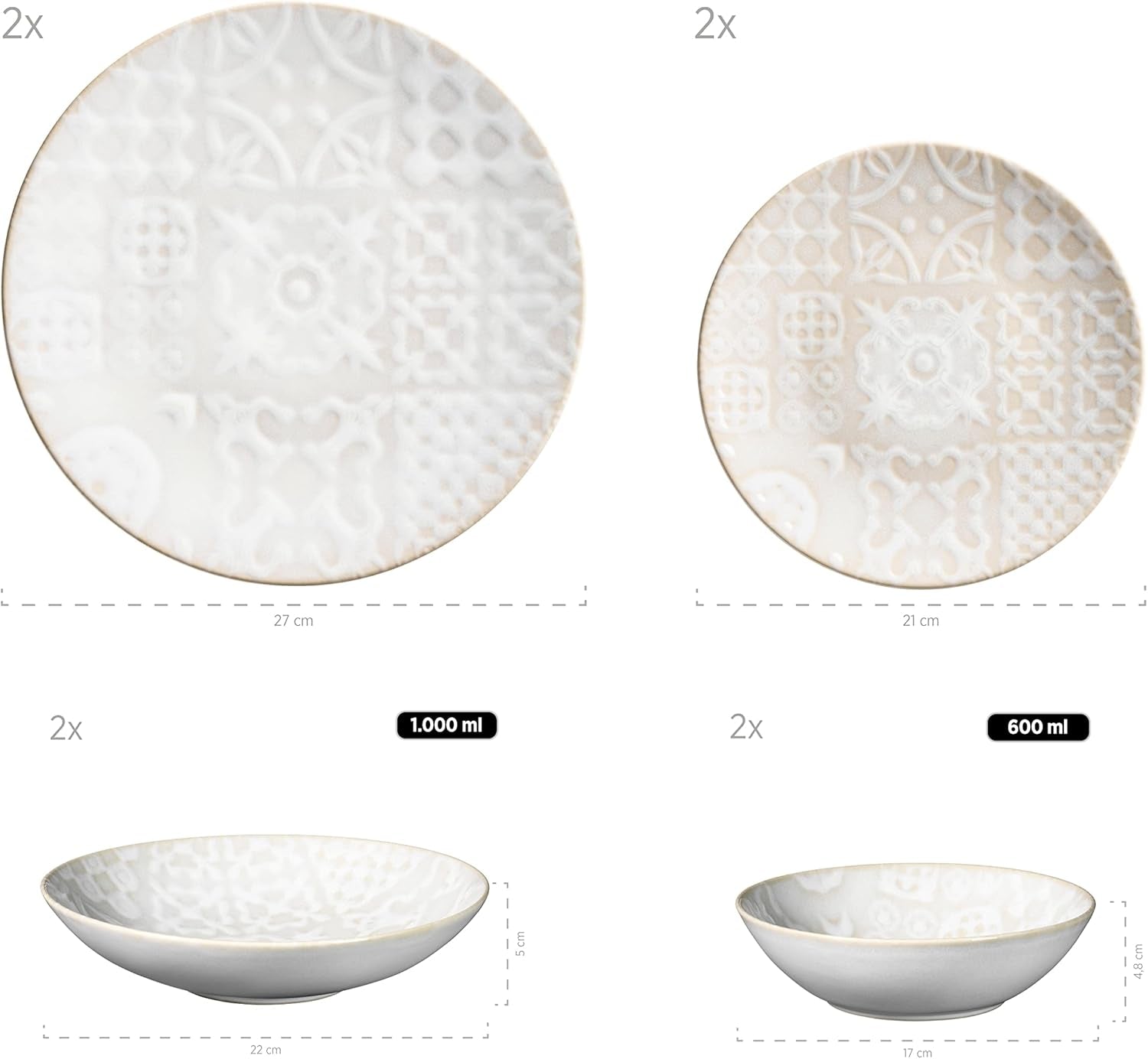 MÄSER 935079 Moderní vintage sada nádobí pro 2, maurský design, 8dílný stolní servis, vysoce kvalitní keramické talíře a misky, kamenina, bílá