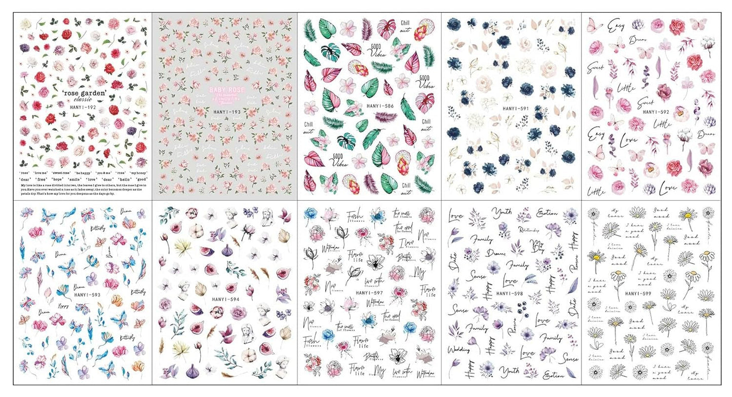 JMEOWIO Nálepka na nehty Frühling Blumen 10 Blatt Nálepka na nehty Selbtklebend Nagelaufkleber Buntes Letní Blumen Dekorace Nageldesign Zubehör