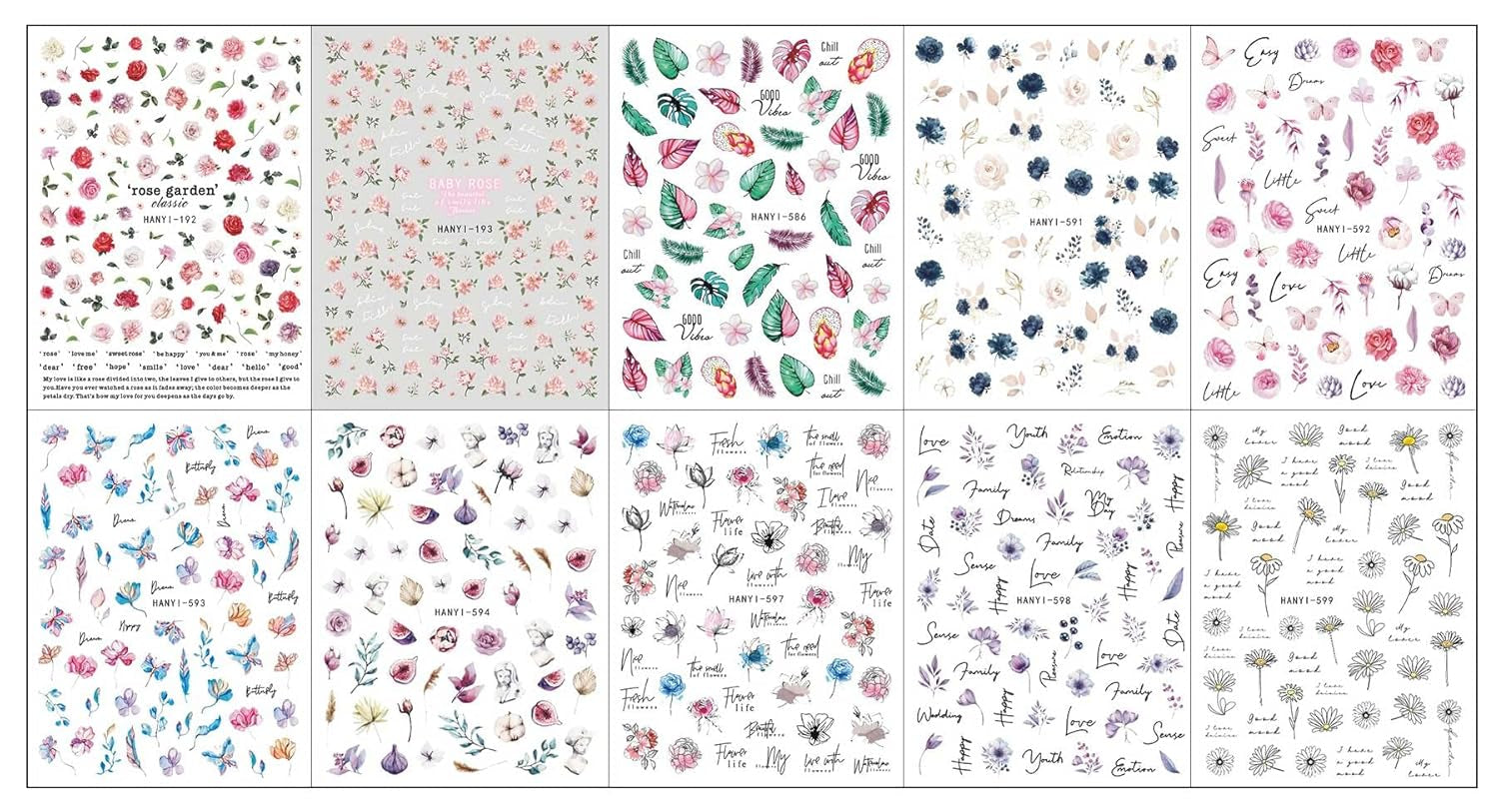 JMEOWIO Nálepka na nehty Frühling Blumen 10 Blatt Nálepka na nehty Selbtklebend Nagelaufkleber Buntes Letní Blumen Dekorace Nageldesign Zubehör