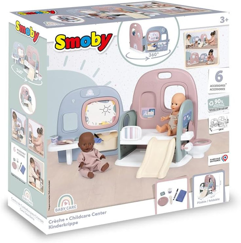 Smoby - Péče o miminko Dětská školka pro panenky - Herní centrum pro panenky Jeslička + Mateřská školka Každodenní život - Skládací hrací plocha s otáčením o 360° - 6 doplňků - Vyrobeno z 90 % z recyklovaného materiálu ve Francii, od 3 let