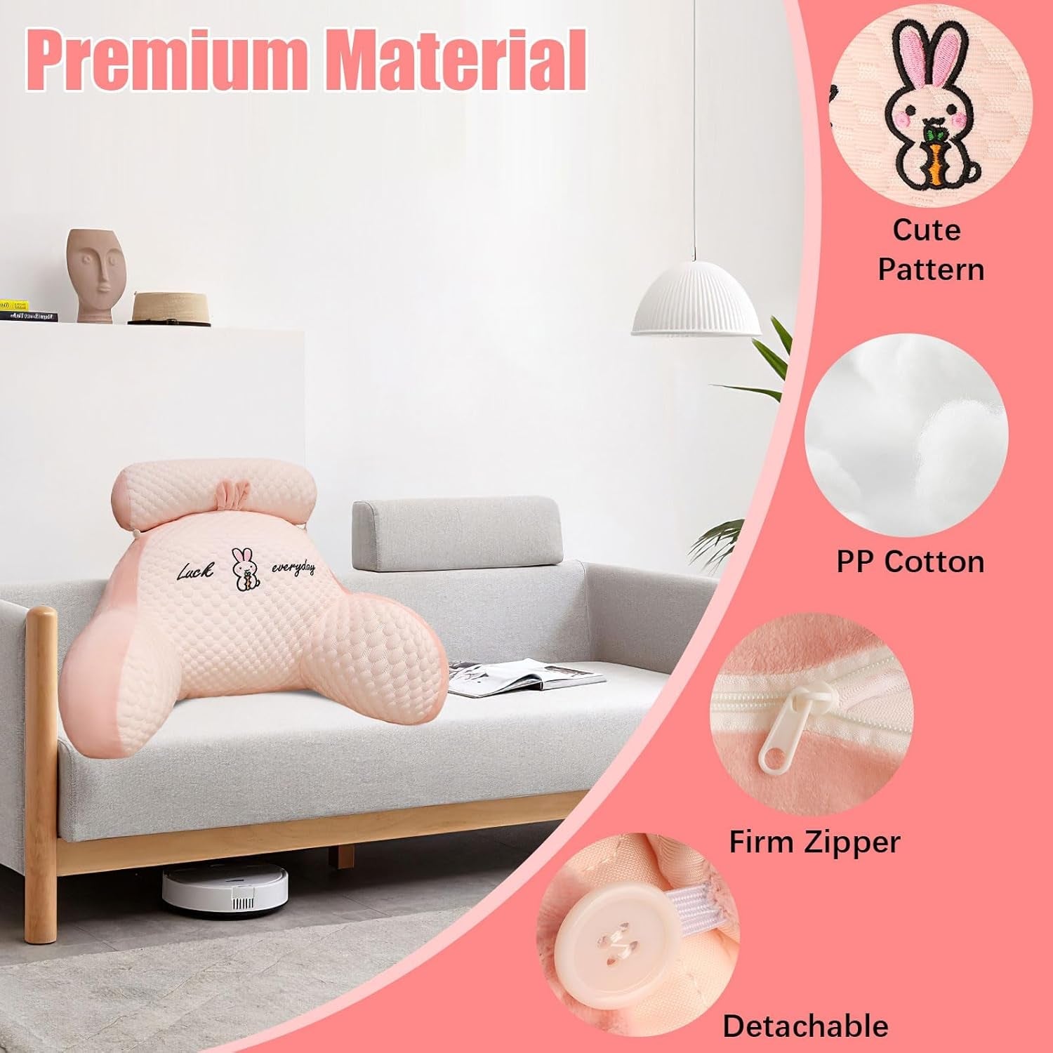 Polštář na čtení, Polštář do postele, Polštář pro dospělé Extra velký na záda 70x50 cm na čtení s odnímatelným rolákem na krk a opěrným ramenem, Pohodlný polštář na čtení na postel a pohovku (růžový, Extra velký)