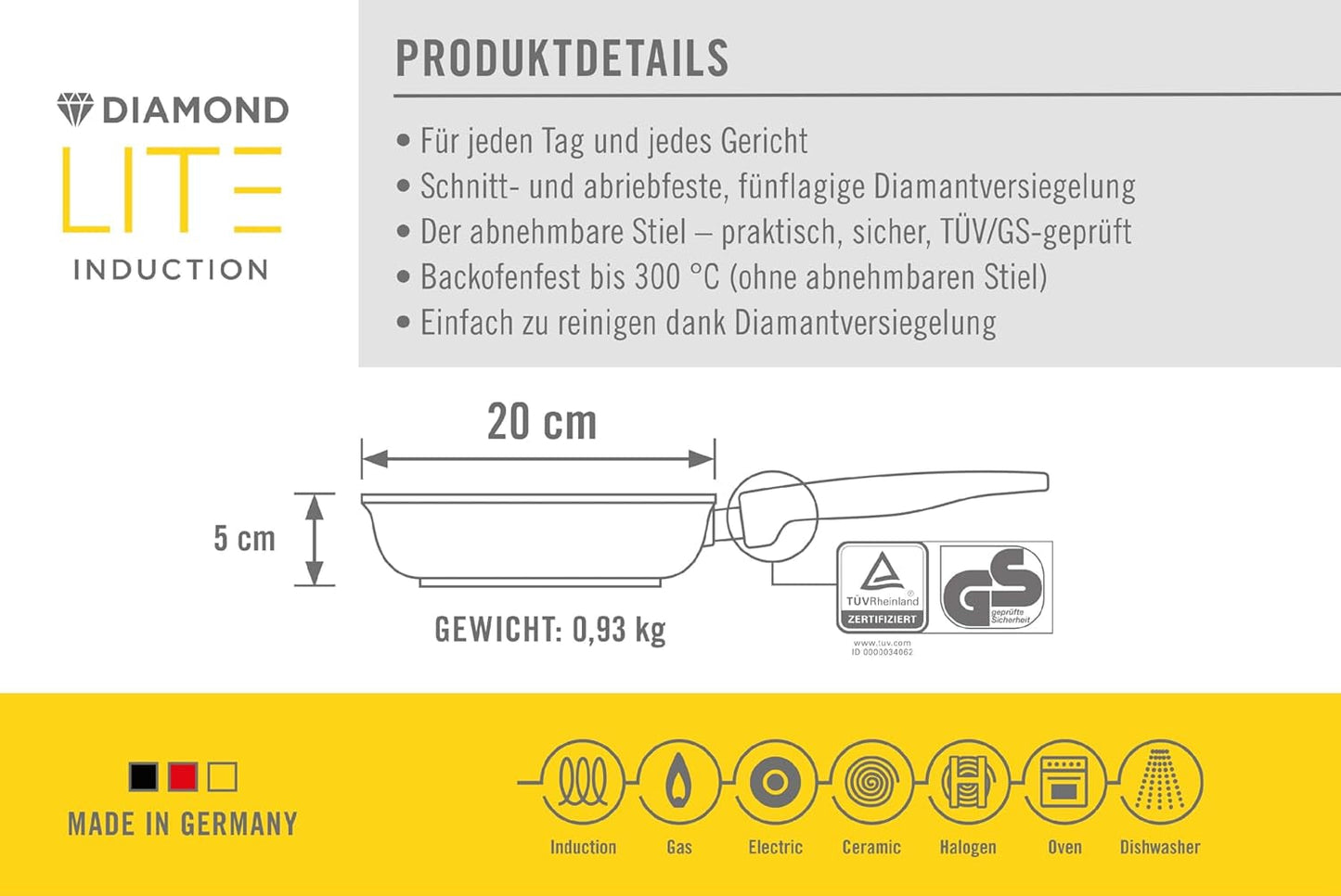 Plochá pánev Woll Diamond Lite - Indukce -, Ø 20 cm, výška 5 cm, S odnímatelnou rukojetí - Vhodné pro všechny typy varných desek, Hliníkový litý, Nepřilnavý povrch Hrnce a pánve Naty Shop