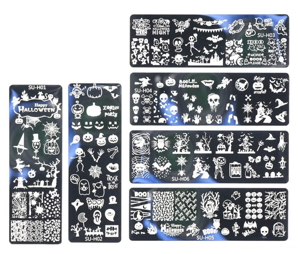 JMEOWIO Šablony na razítkování nehtů Halloween 6 Stück Nagelstempel Šablony Nail Art Dekorace Nageldesign Zubehör Böse Gruselige Kürbis-Geisterhexe