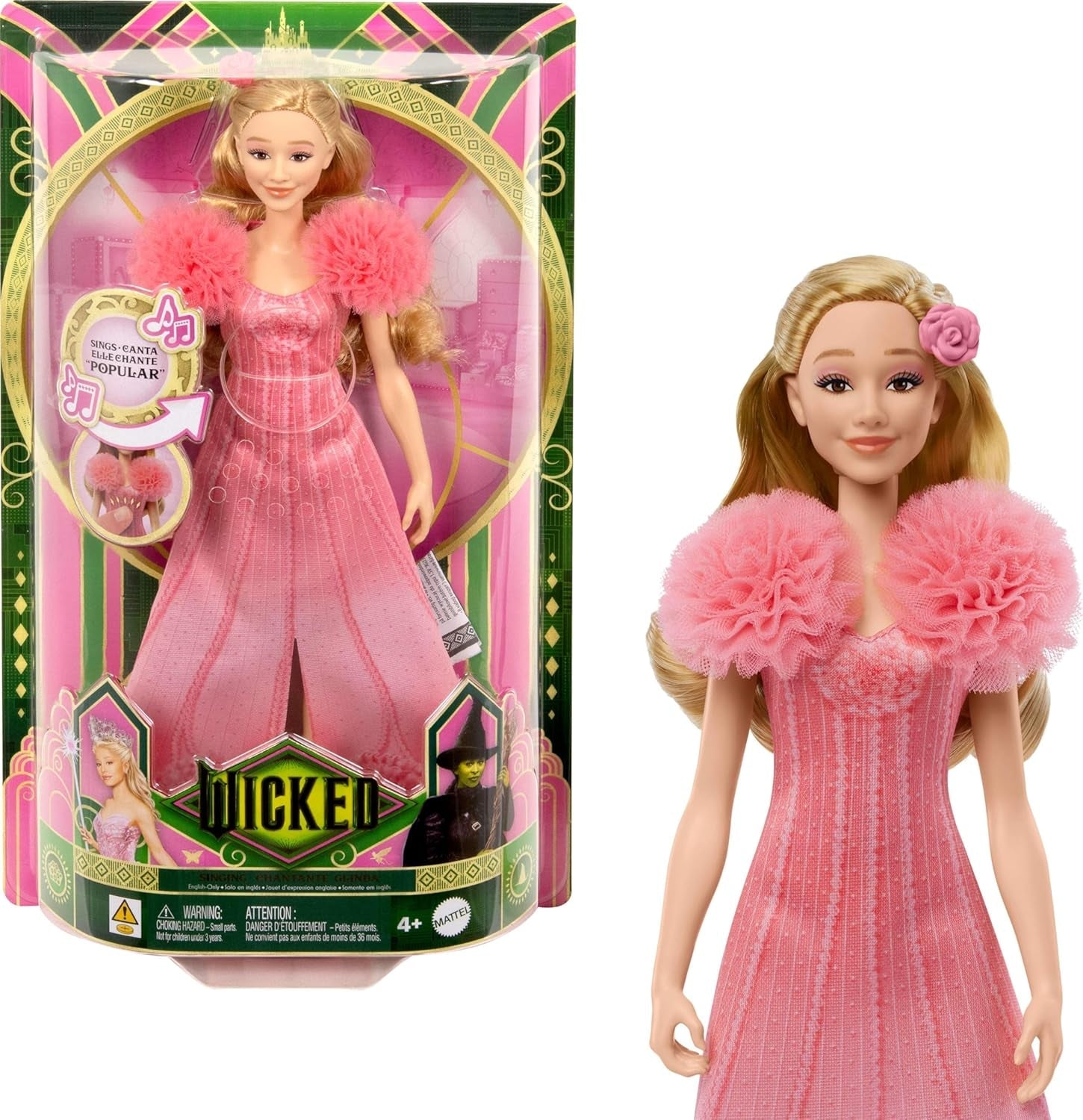 Mattel Glinda od Wicked a doplňky Kloubová panenka inspirovaná filmem s odnímatelným oblečením zpívá milovaná námi JLG49 Pink