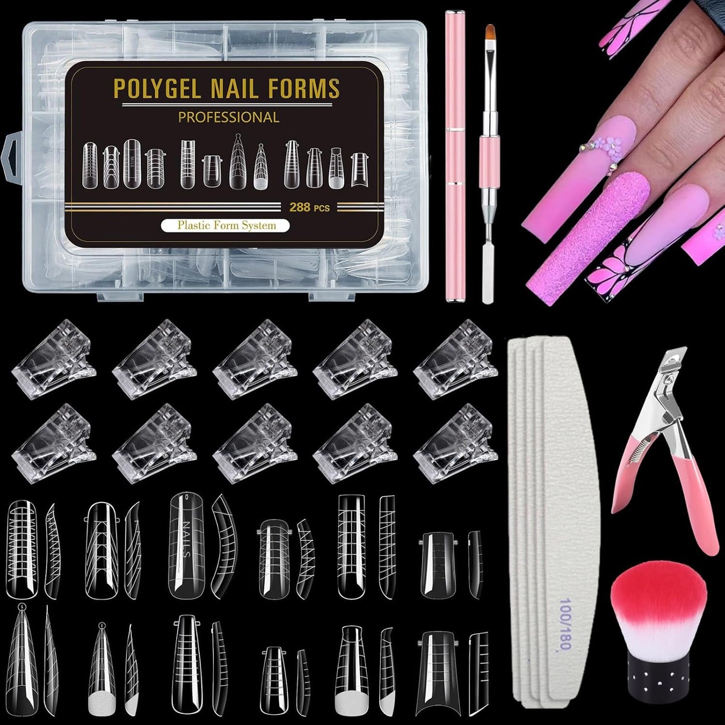 Sada 288 duálních nehtových forem, Dual Shape Nail Art Set, 12 forem prodlužování nehtů, gelových nehtových forem, Vhodné pro začátečníky a manikérky