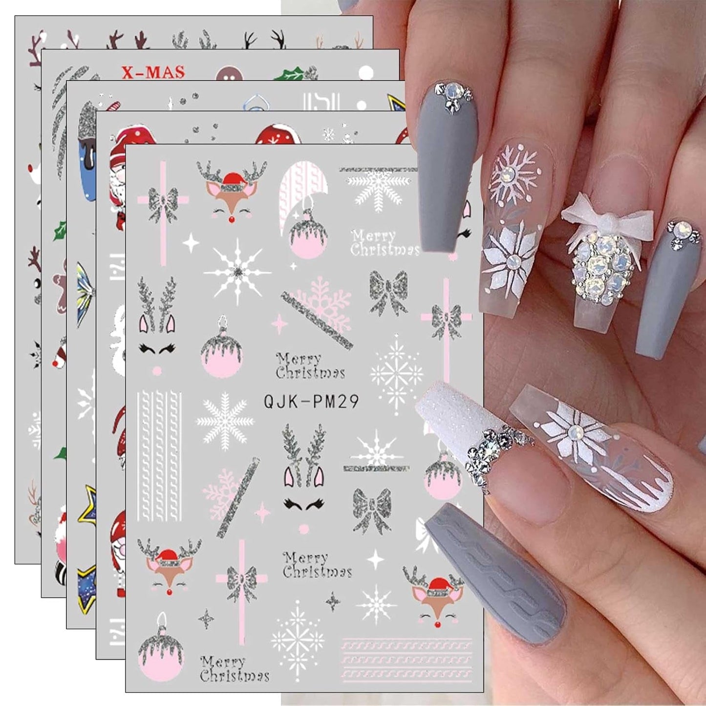 JMEOWIO Nálepka na nehty Glitzer Weihnachten 10 Blatt Nálepka na nehty Selbtklebend Nagelaufkleber Schneeflocken Zimní dekorace Nageldesign Zubehör
