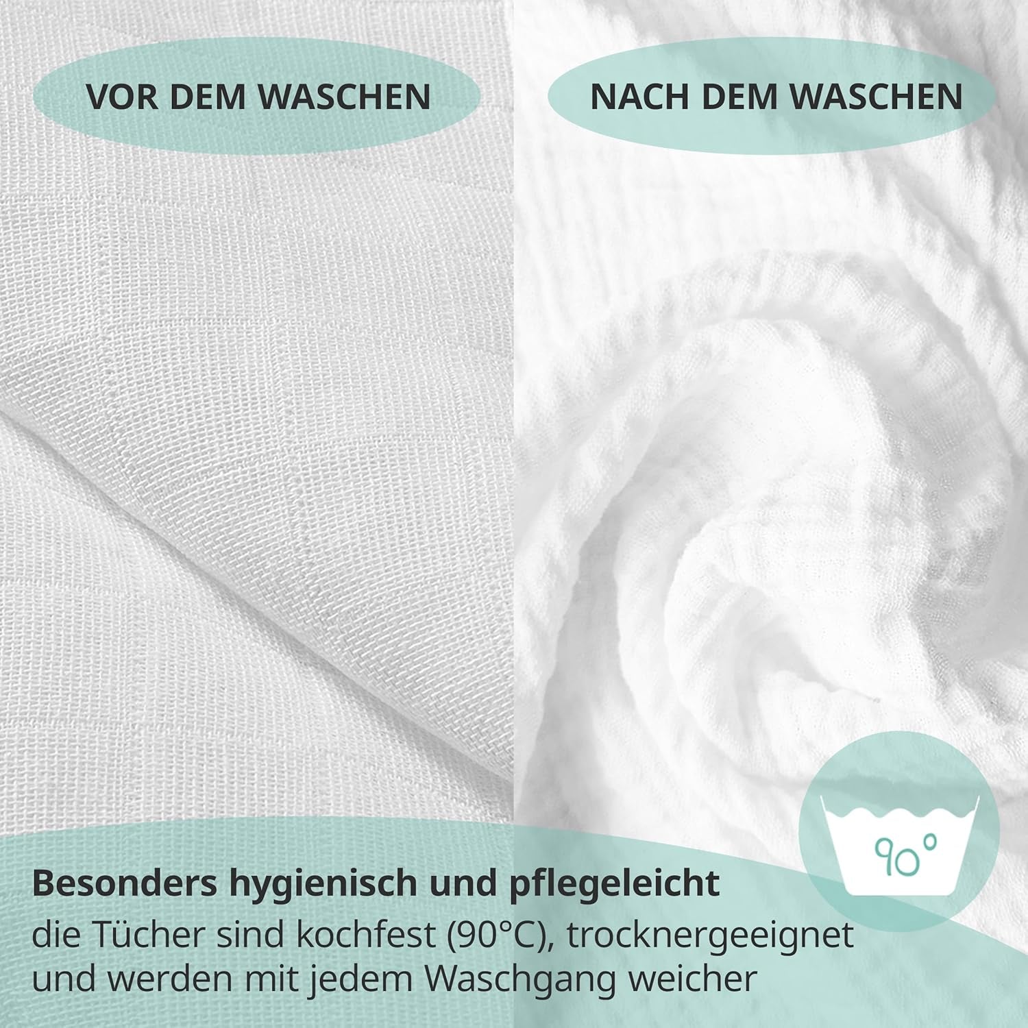MAKIAN Mušelínové čtverce, Balení po 10 ks, 80x80 cm, Oeko-TEX® Standard 100 Certified, 10 Premium utěrky na odříhnutí – Dvojité tkané látkové čtverce / Mušelínové čtverce, odolné proti varu – bílé