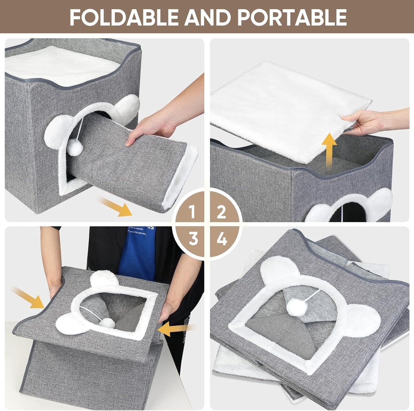 Katzenbetten für Indoor Katzen, Faltbares Katzenhaus, Katzenhöhle 2 Schicht Würfel Großer Raum Katzenbett mit Kratzbrett und Spielball, 15,8 x 15,8 x 15 palců