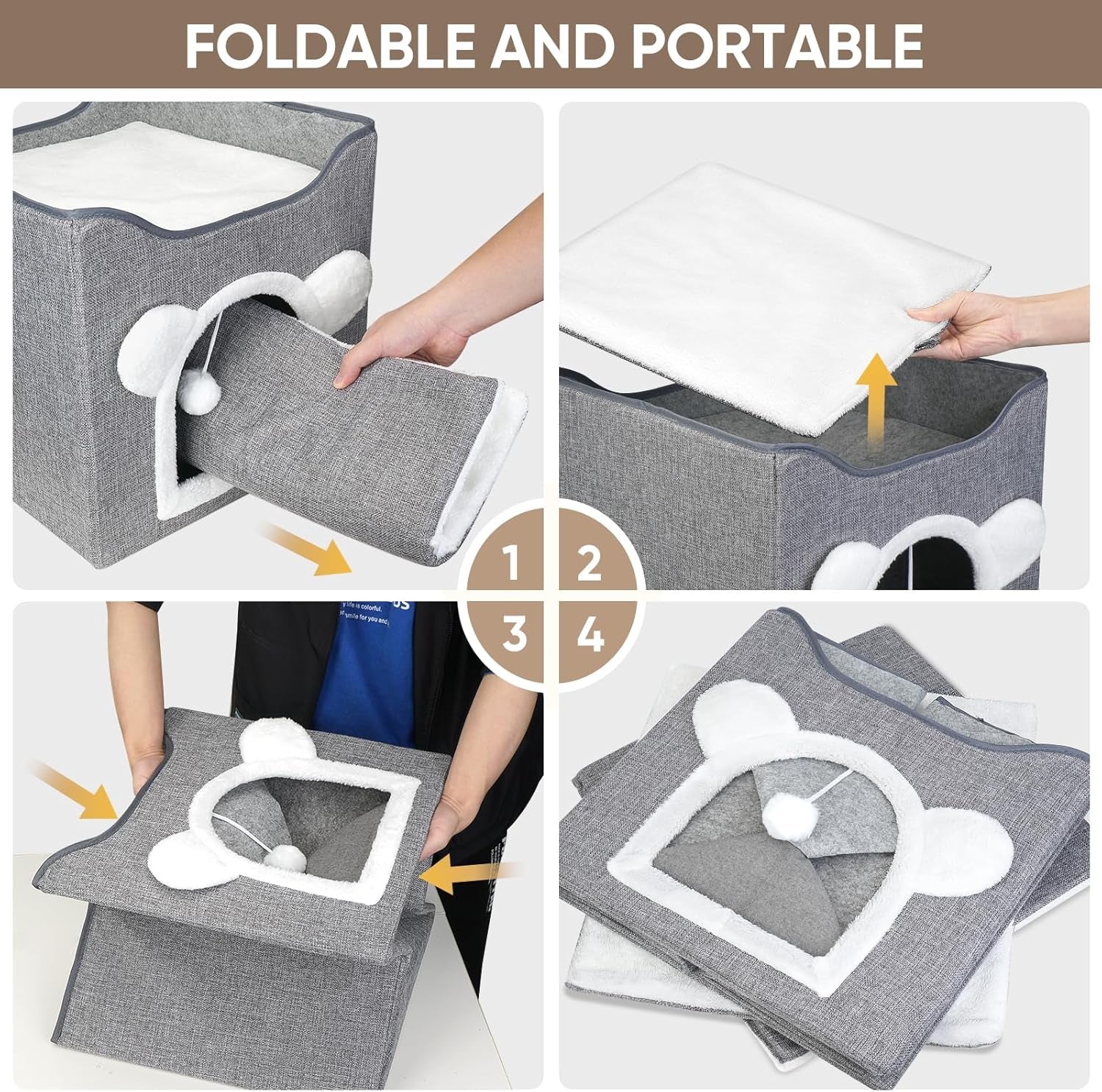 Katzenbetten für Indoor Katzen, Faltbares Katzenhaus, Katzenhöhle 2 Schicht Würfel Großer Raum Katzenbett mit Kratzbrett und Spielball, 15,8 x 15,8 x 15 palců