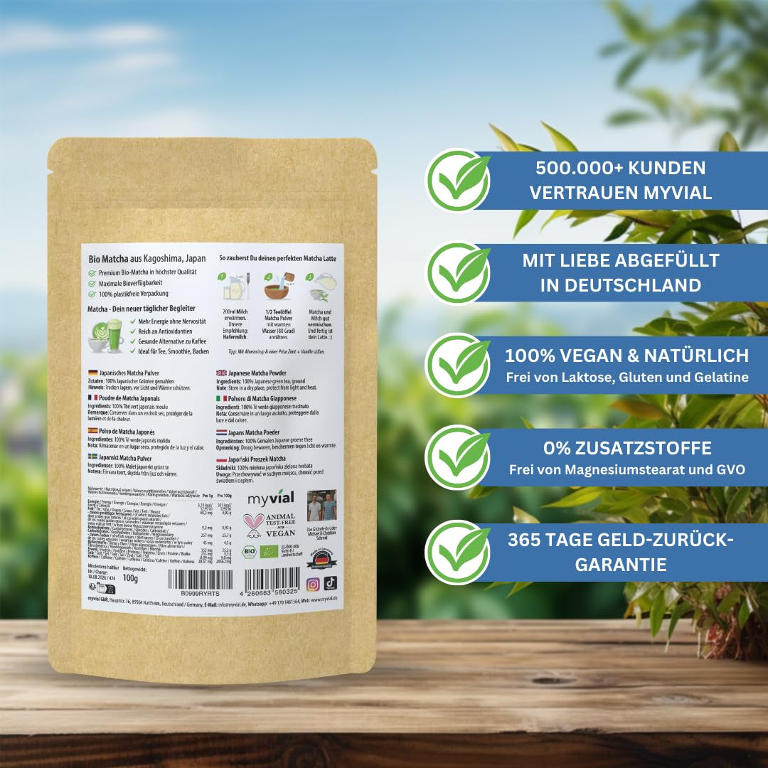 Organický Matcha Tea Prémiový prášek 100 g Zelený čaj nejvyšší kvality z Japonska Kagoshima – ideální pro Smoothie Matcha Latte Japonský zelený čaj Vegan Bez přísad Balení bez plastů