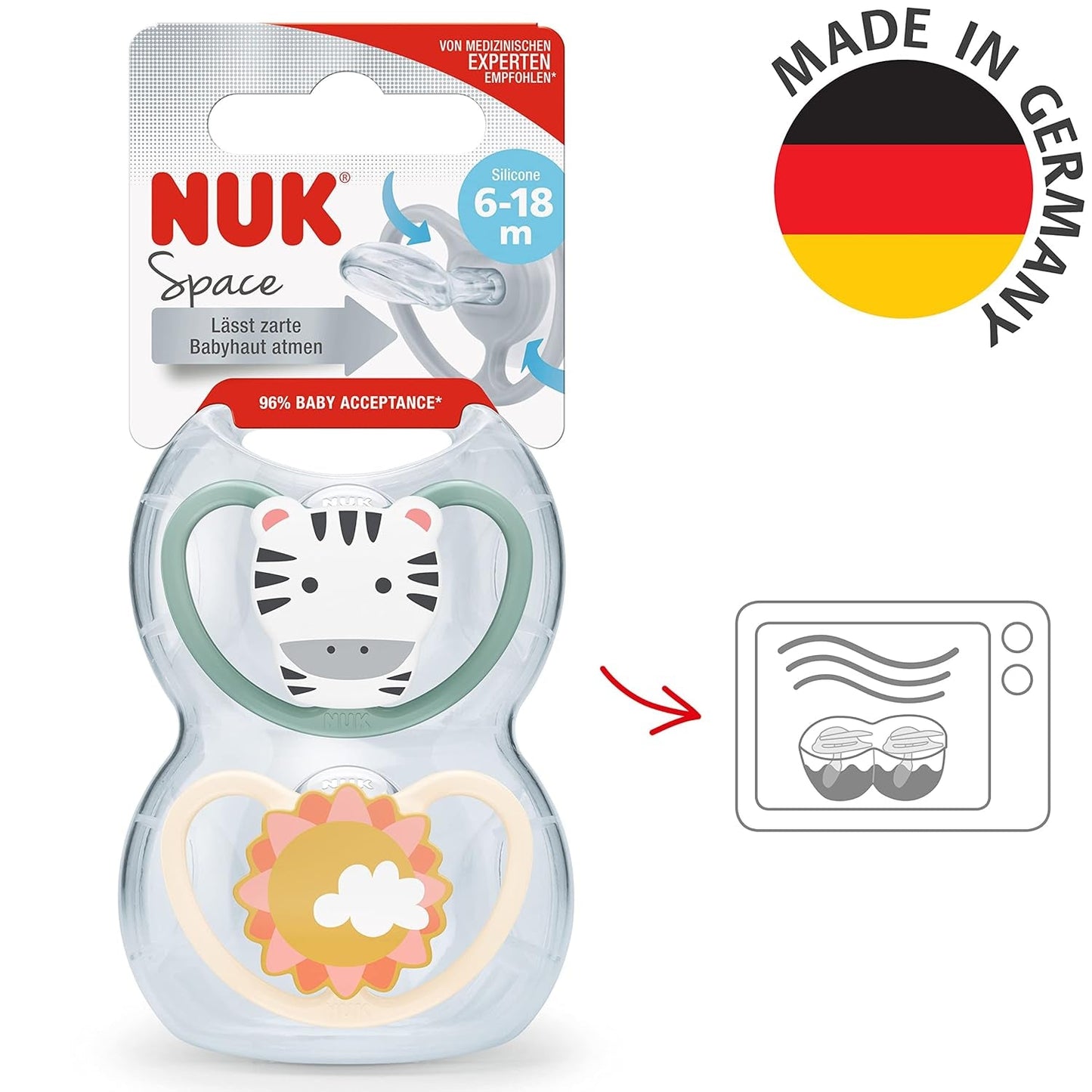 NUK Space dětský dudlík 6-18 měsíců, extra velké otvory pro citlivou pokožku, silikon bez BPA, vzor Zebra, 2 balení