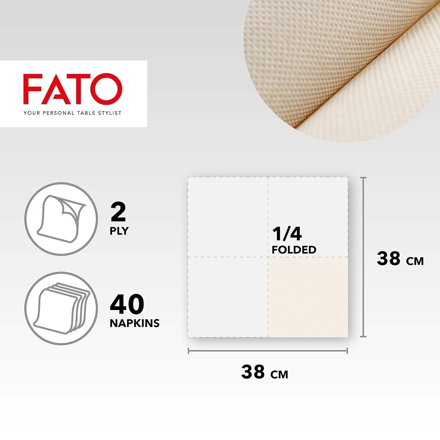 Fato – Přírodní 4-složkové jednorázové papírové ubrousky, šetrné k životnímu prostředí, 40 balení, velikost 38X38, 2 vrstvy, 100% recyklovaný papír
