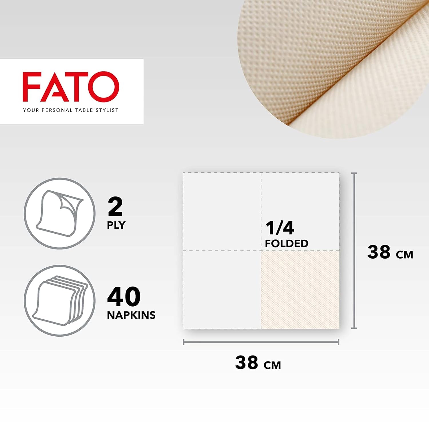 Fato – Přírodní 4-složkové jednorázové papírové ubrousky, šetrné k životnímu prostředí, 40 balení, velikost 38X38, 2 vrstvy, 100% recyklovaný papír