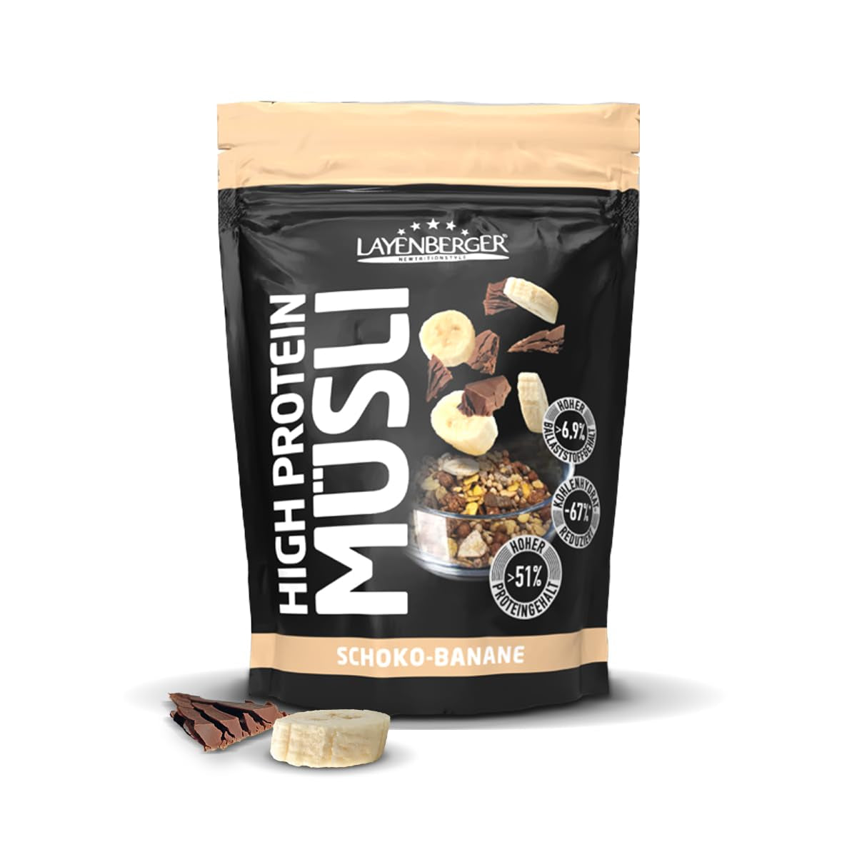 Layenberger 3K High Protein Müsli, 50% Eiweiß Und 18% Kohlenhydrate - Jedno balení (1X 390 G) - Schoko-Nuss Cereale Naty Shop 390 G (1Er Pack) Schoko-Banana