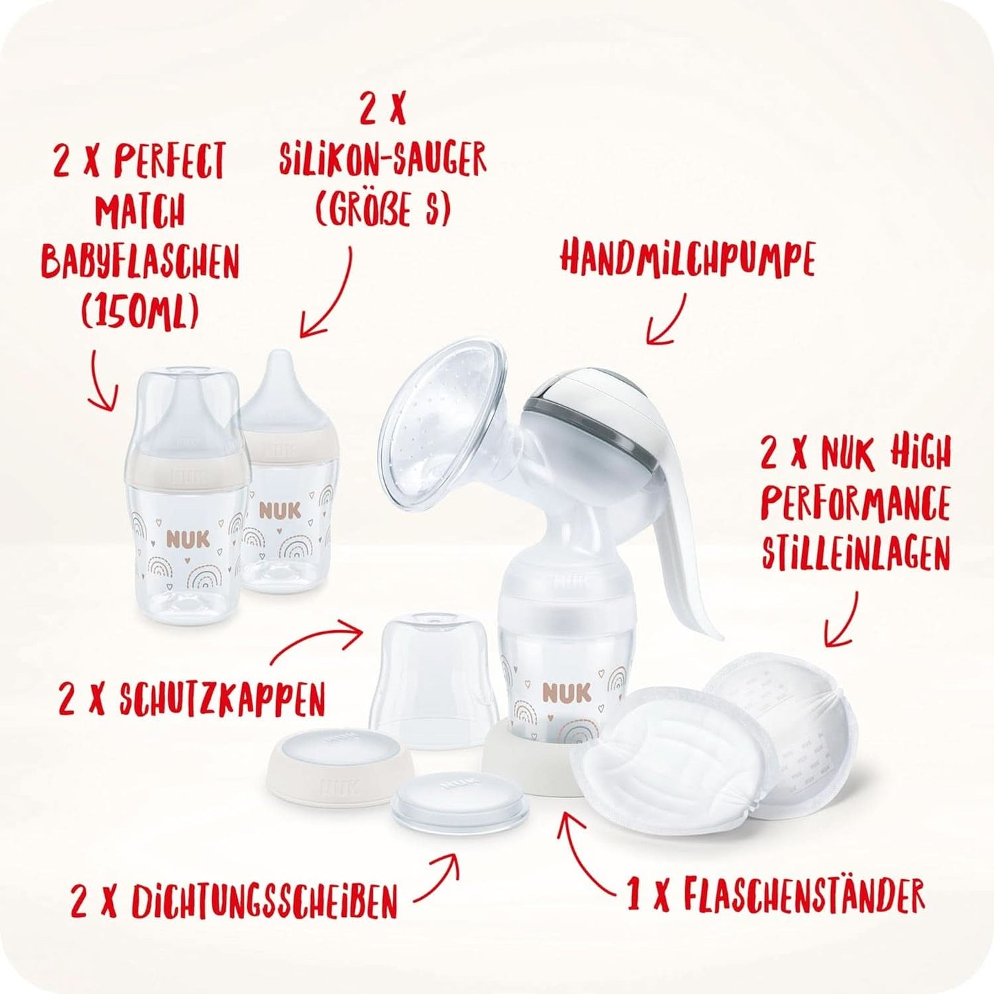 Sada ruční odsávačky mateřského mléka NUK, měkký silikonový polštář, 2 perfektně kombinované lahvičky, 150 ml Příslušenství Potraviny a kojení Bebe Naty Shop
