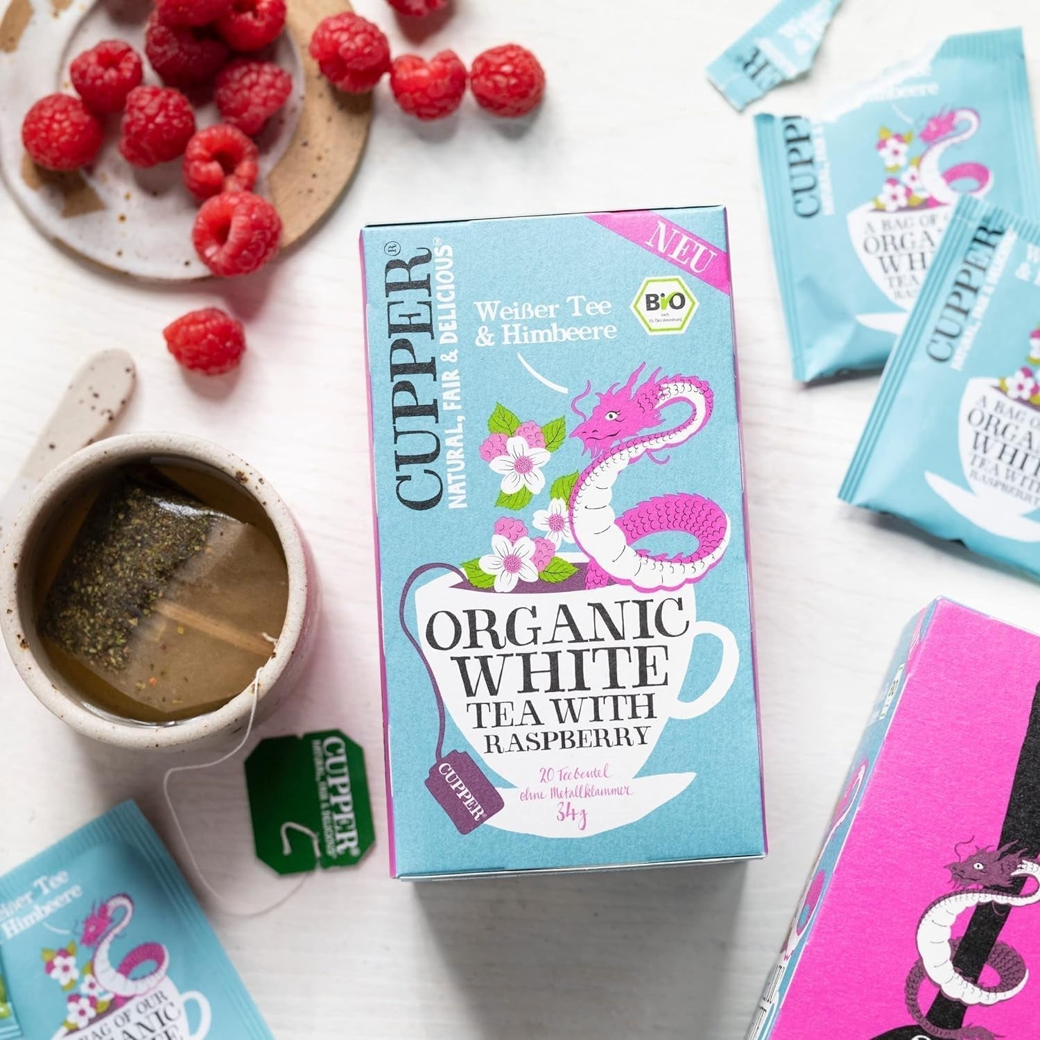 Cupper Bio bílý čaj, malina, 20 sáčků, 34 g (balení po 4 ks)