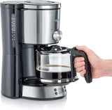 Espresso kávovar SEVERIN "TypeSwitch" se skleněnou karafou a časovačem, AromaSwitch pro výběr 2 možností spařování, digitální hodiny s funkcí časovače, až 10 šálků, 1000W, kartáčovaná nerez-černá, KA 4826
