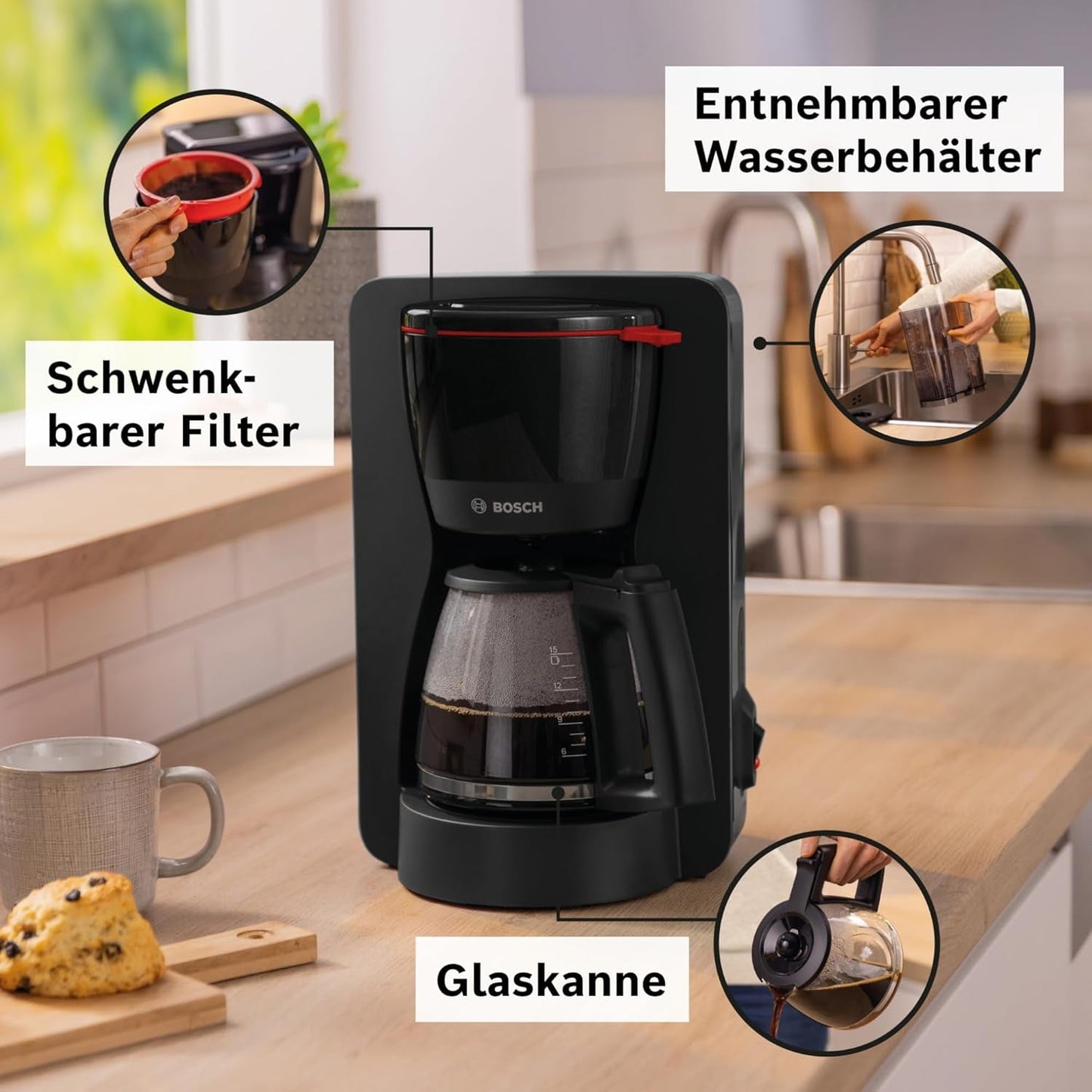 Espresso kávovar Bosch MyMoment TKA2M113 s filtrem, 1,25 l skleněná karafa, 10–15 šálků, funkce udržování teploty 40 minut, systém proti odkapávání, otočný držák filtru, odnímatelná nádrž na vodu, 1200 W, matná černá