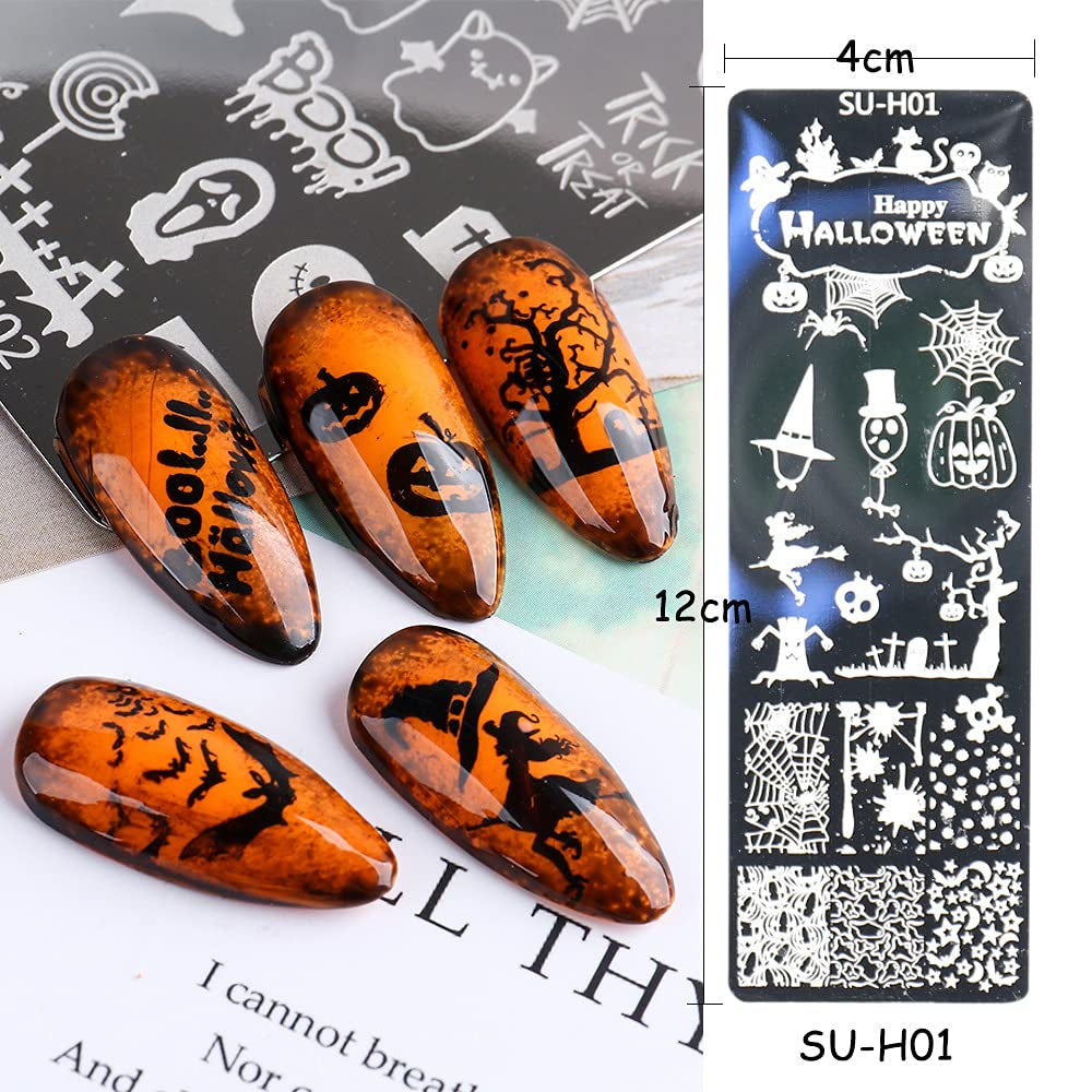 JMEOWIO Šablony na razítkování nehtů Halloween 6 Stück Nagelstempel Šablony Nail Art Dekorace Nageldesign Zubehör Böse Gruselige Kürbis-Geisterhexe