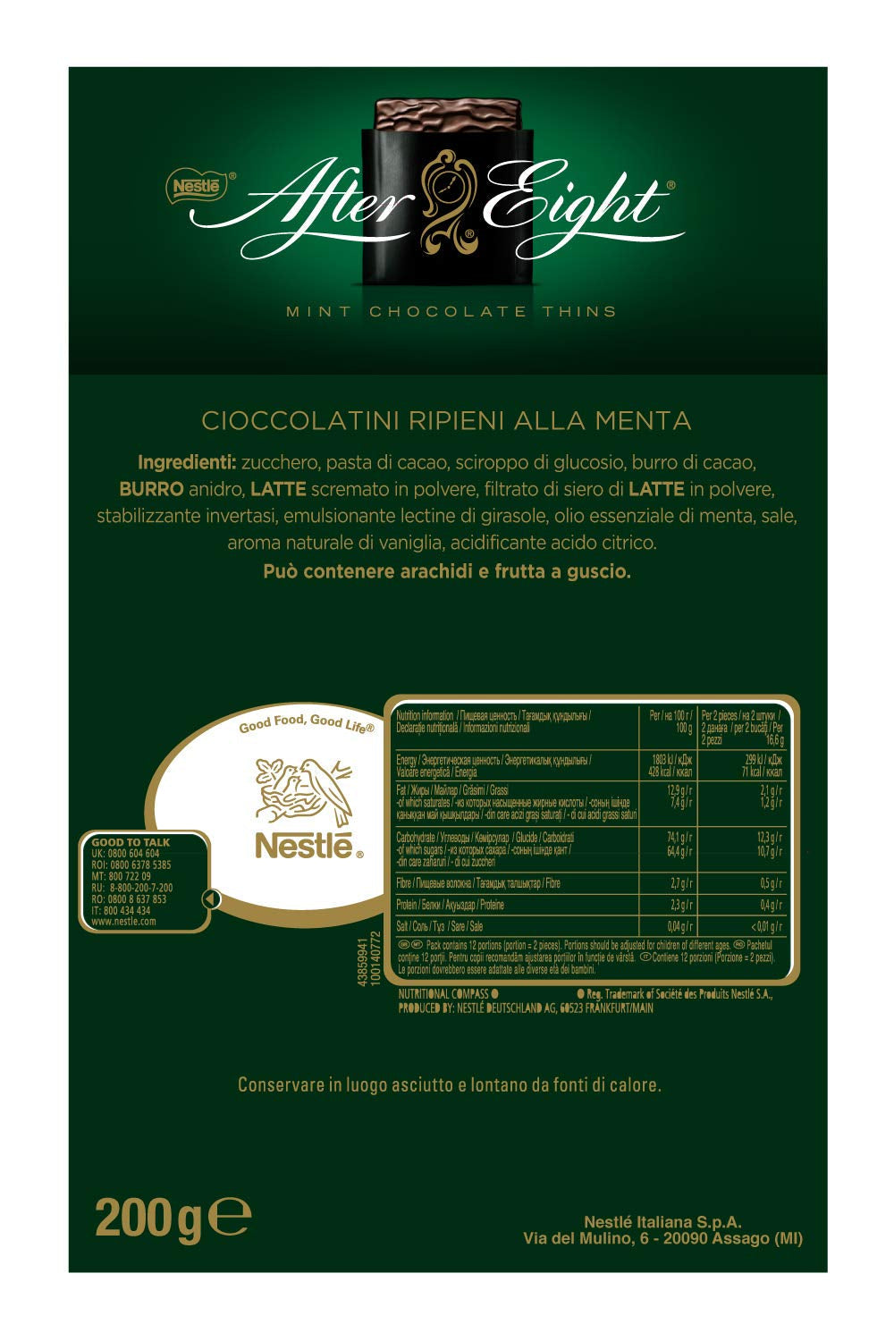 NESTLÉ AFTER EIGHT Tenké čtverečky tmavé čokolády s mátovou krémovou náplní pro fajnšmekry Balení 5 ks (1 x 200 g)
