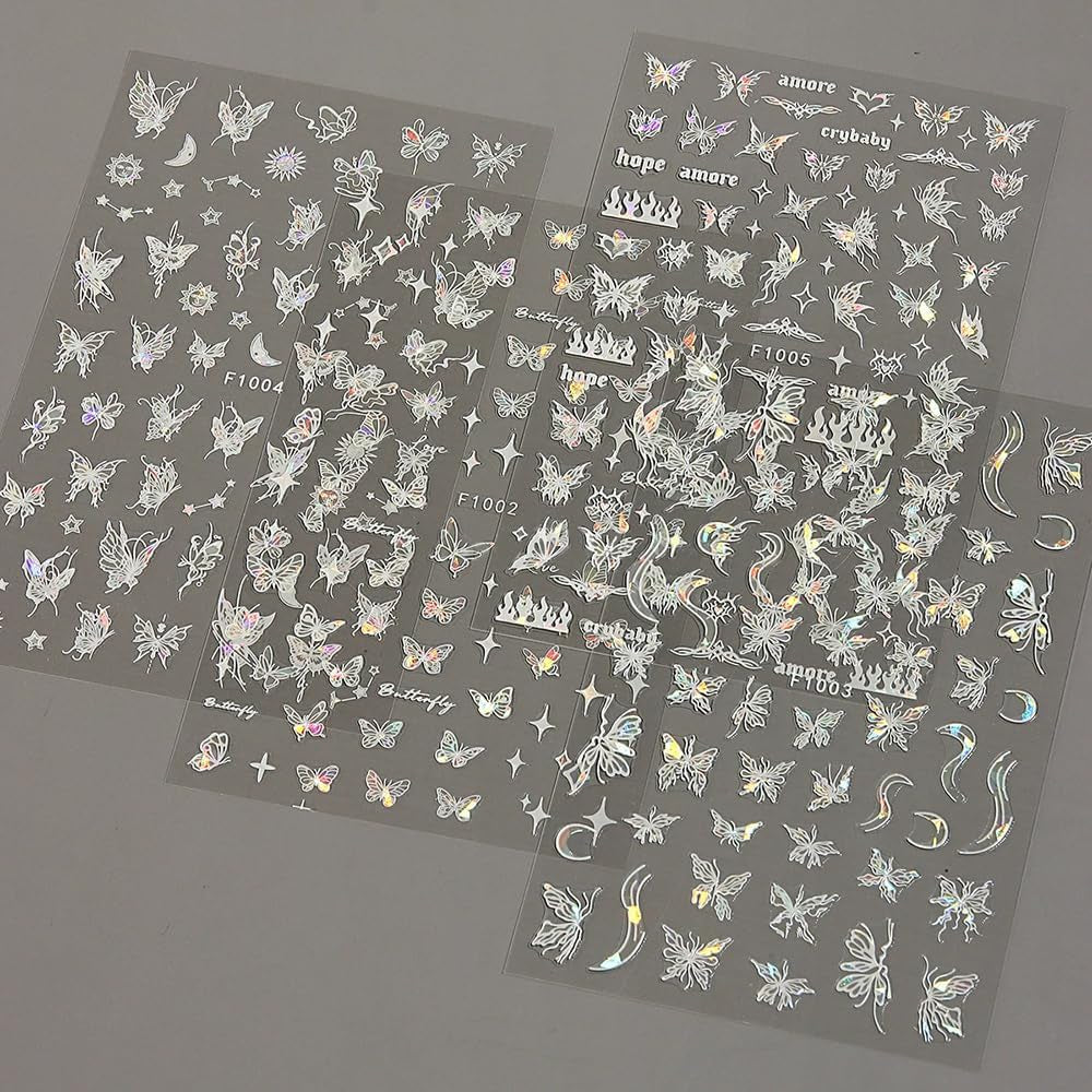 4 Blätter Holographisch Laser Weiß Schmetterling Nálepka na nehty,Y2K Aurora Schmetterlinge Stern Nálepka na nehty 3D Flamme Herz Nageldesign Nálepka na nehty Selbstklebend Nagel Nálepka Nagel Zubehör Nail Art