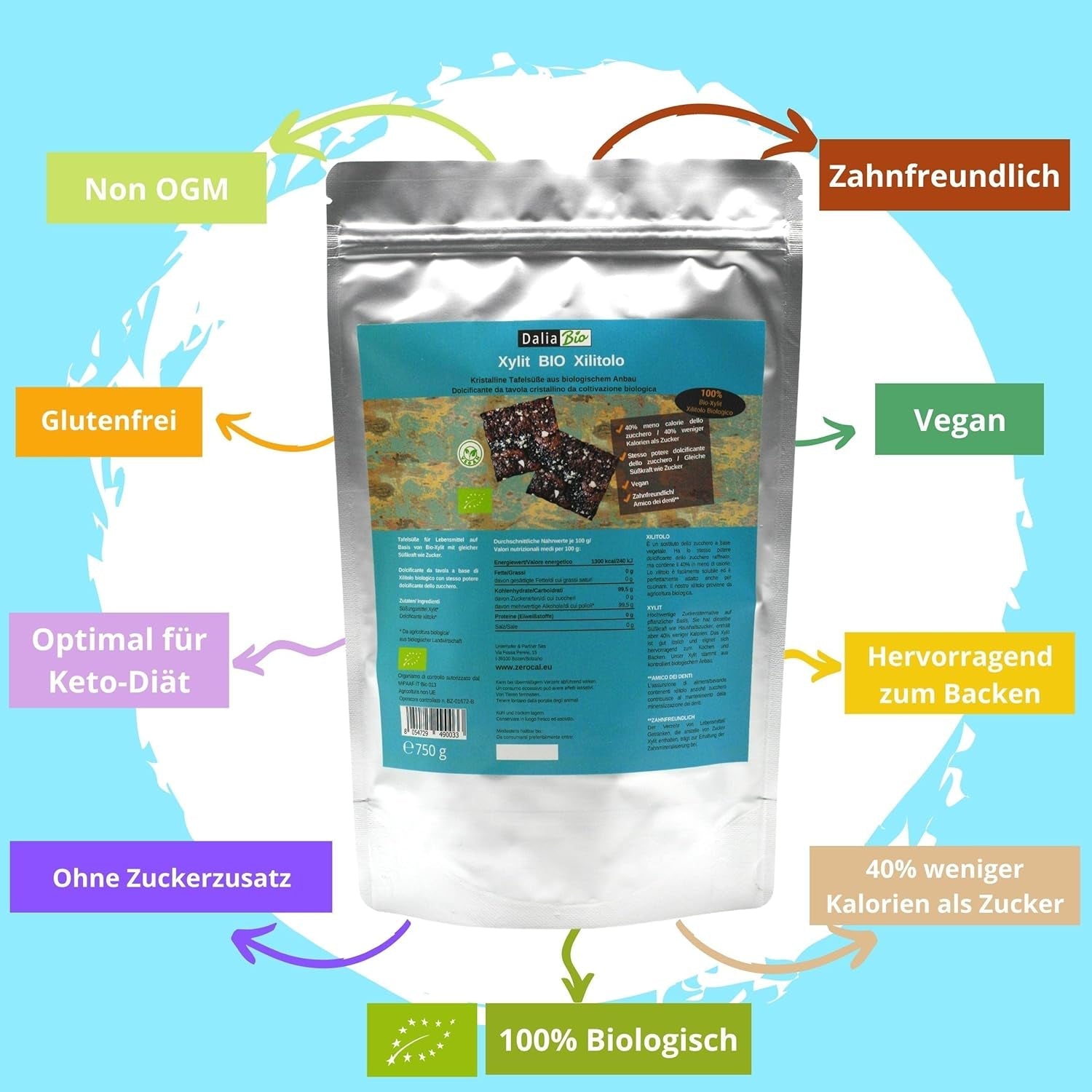 Bio Xylitol Bio | Aus Biologischer Landwirtschaft | 40% nižší obsah kalorií Zahnfreundlich | Ideal Zum Kochen Und Backen, 750 G sladidla Naty Shop