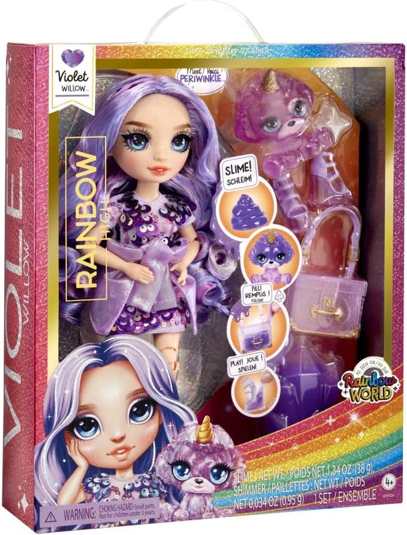 Vysoce módní panenka Rainbow se slizem a mazlíčkem - fialová - 28 cm třpytivá panenka se slizem, kouzelným mazlíčkem a módními doplňky - hračka pro děti - ideální pro 4-12 let