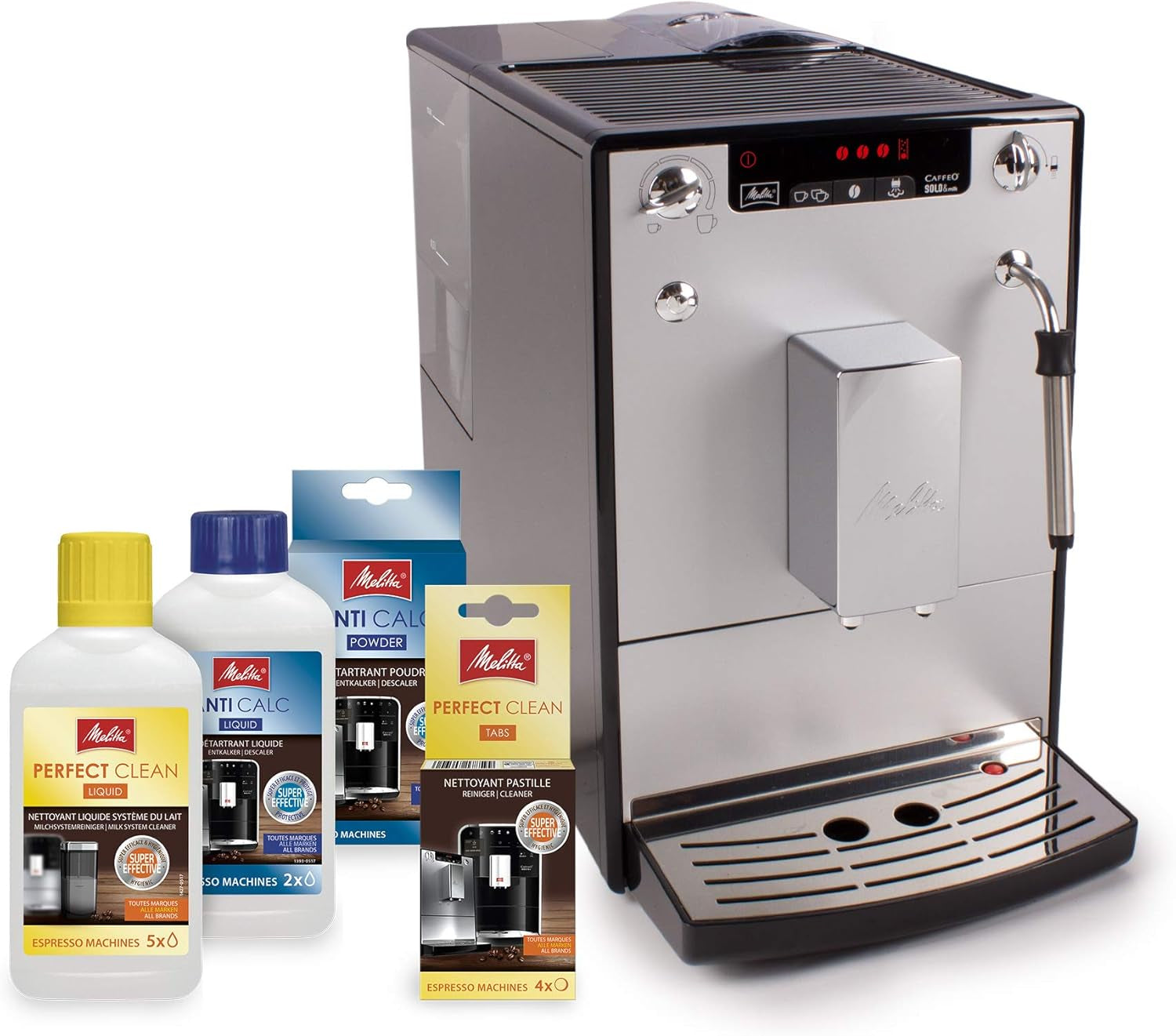 Melitta Solo & Milk - plně automatický tenký kávovar s napěňovačem mléka, kávovar s vyjímatelnou nádržkou na vodu, kupř. káva nebo cappuccino, stříbro