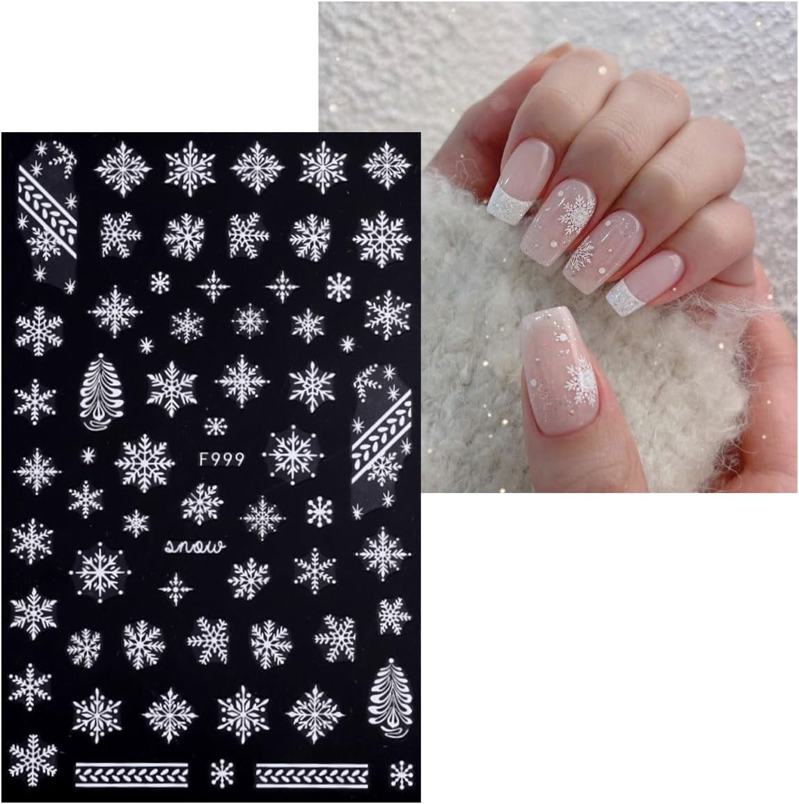 JMEOWIO Nálepka na nehty Weihnachten Weiß Glitter 8 Blatt Nálepka na nehty Selbtklebend Nagelaufkleber Schneeflocke Zimní dovolená Dekorace Nageldesign Zubehör