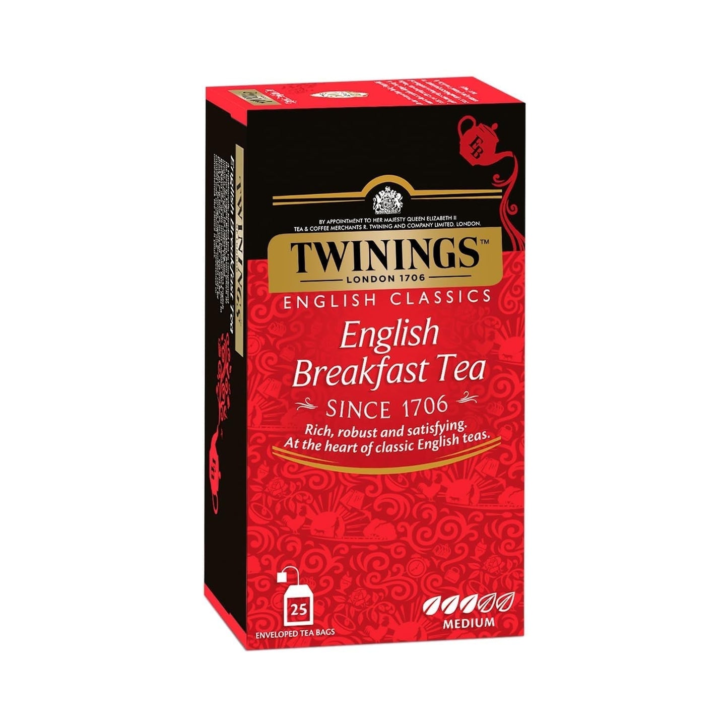 Twinings English Breakfast Black Tea 50g, 25 čajových sáčků, plný, kulatý a silný černý čaj z nejlepších čajových plantáží na Srí Lance a Indii. Černý čaj Balení 1 ks (1 x 50 g)