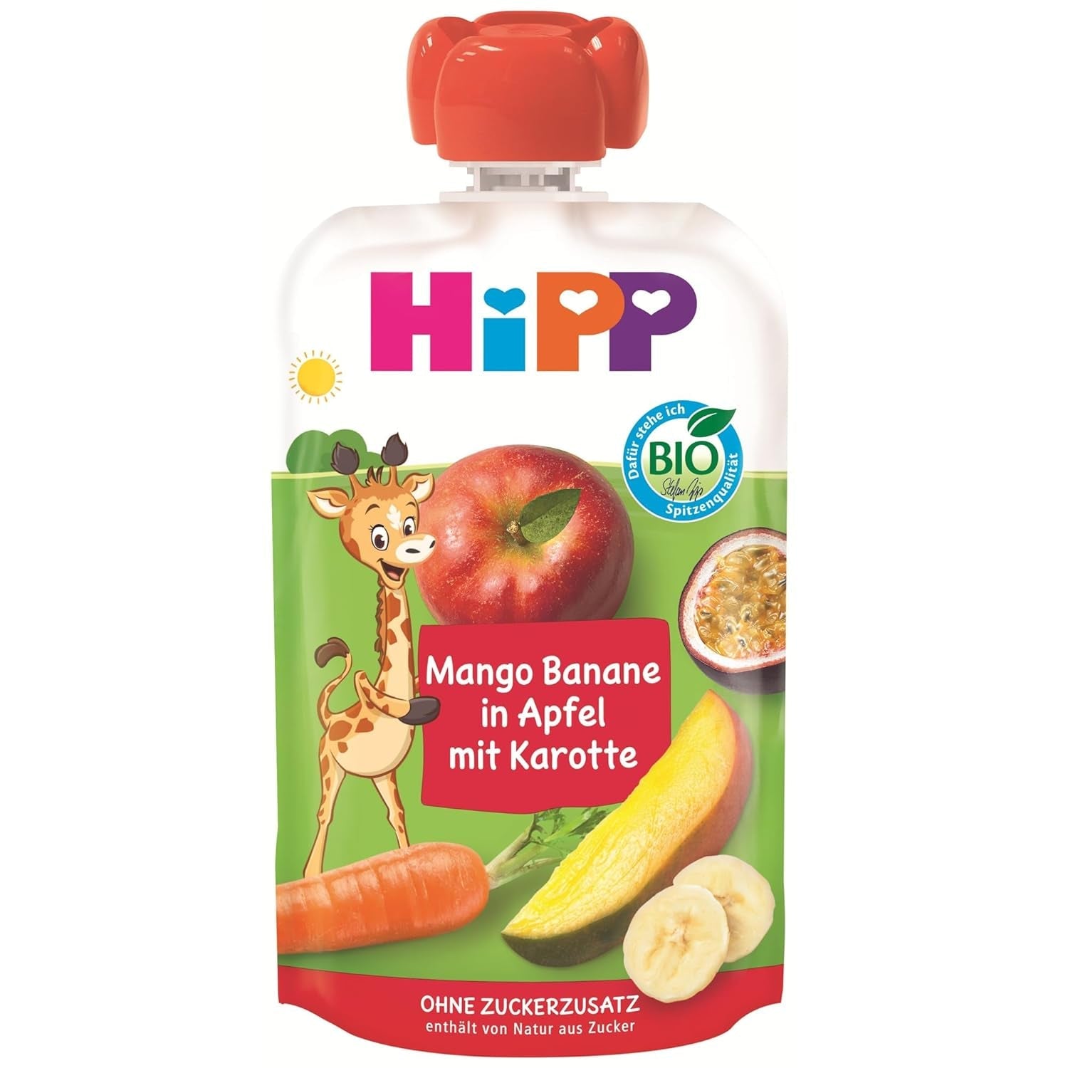 HiPP Bio Quetschie Mango-banán v jablku s mrkví (8 x 100 g), zrající 1 rok, Frucht- und Gemüsepüree, bez Zuckerzusatz, vegan, v nejlepší Bio-Qualität