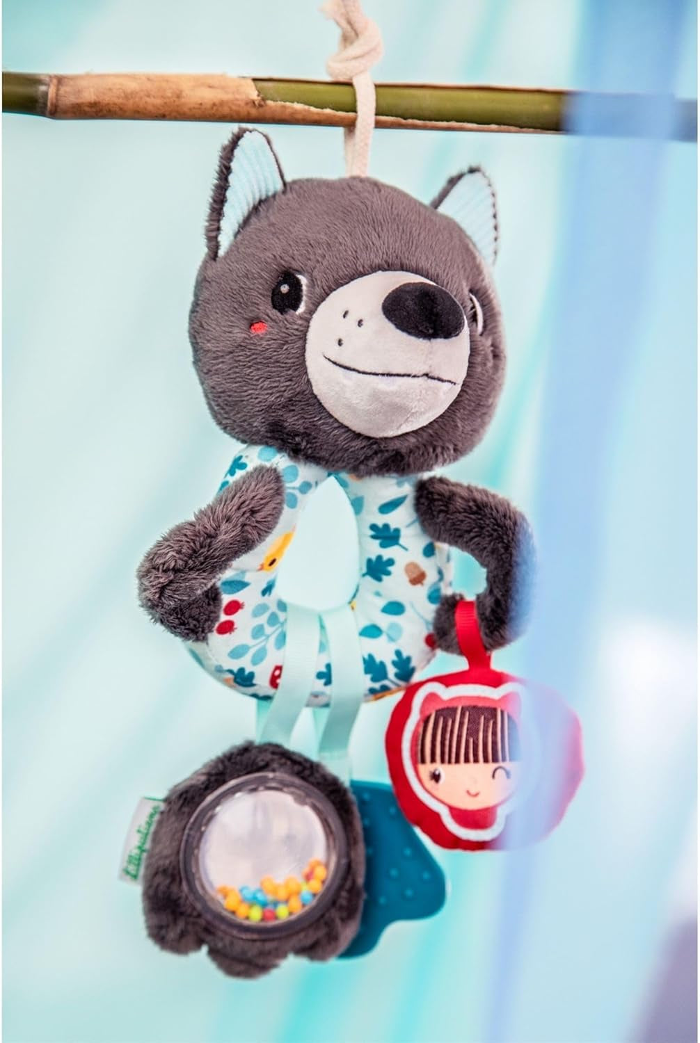 Lilliputiens - Multifunkční kroužky Louis the Wolf - Chrastítko pro miminka se zvuky, texturami a barvami - Snadno se chytá - Stimuluje smysly a podporuje motoriku - Od 3 měsíců - 83505 Jucarii Bebe Naty Shop
