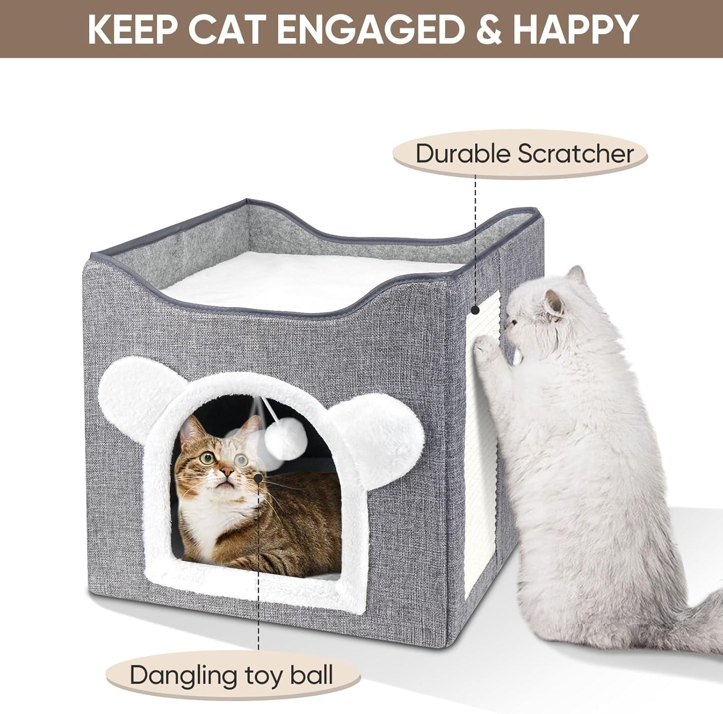 Katzenbetten für Indoor Katzen, Faltbares Katzenhaus, Katzenhöhle 2 Schicht Würfel Großer Raum Katzenbett mit Kratzbrett und Spielball, 15,8 x 15,8 x 15 palců