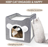 Katzenbetten für Indoor Katzen, Faltbares Katzenhaus, Katzenhöhle 2 Schicht Würfel Großer Raum Katzenbett mit Kratzbrett und Spielball, 15,8 x 15,8 x 15 palců