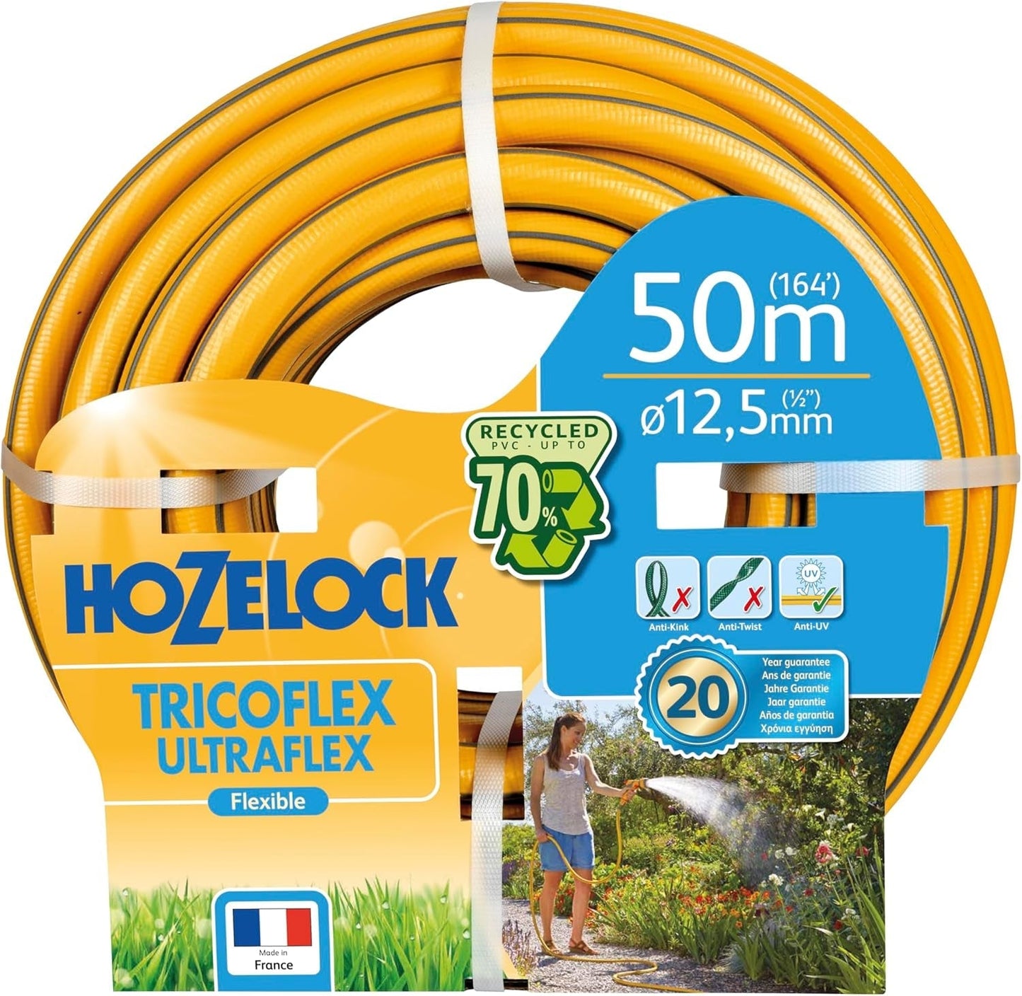 HOZELOCK - Hadice Tricoflex Ultraflex Ø 12,5 mm (1/2") 20 M: Ohebná zahradní hadice, odolná proti povětrnostním vlivům, zkroucení a ohybu, vyrobená ze 40 % recyklovaného PVC [117002], žlutá