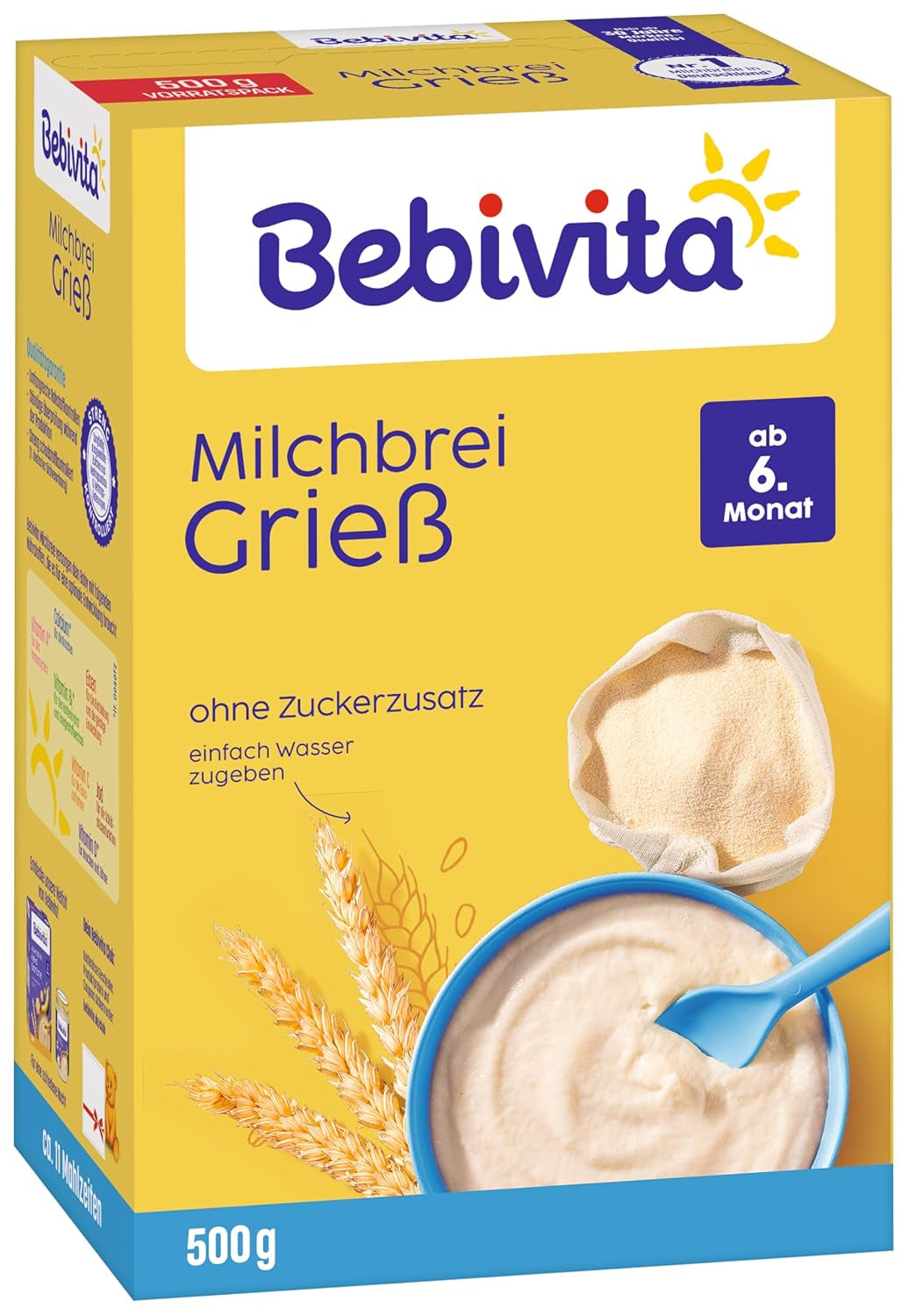 Krupicová kaše s mlékem (4 x 500 g), výživa pro kojence od 6 měsíců, bez přidaného cukru, s cennými minerály a vitamíny, velmi sytá