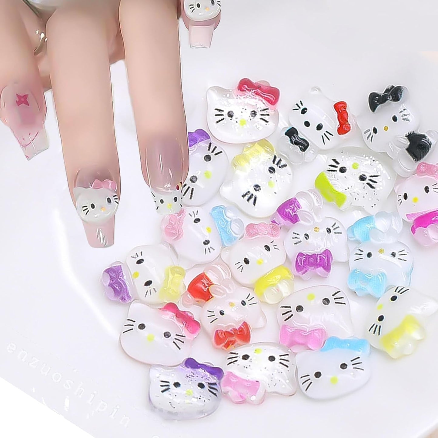 3D nálepky na nehty pro kočky, třpytky na nehty, flitry, pryskyřicové nálepky na nehty, drahokamy na nehty, diamanty pro nail art, včetně voskové tyčinky s drahokamy (barevná kočka)