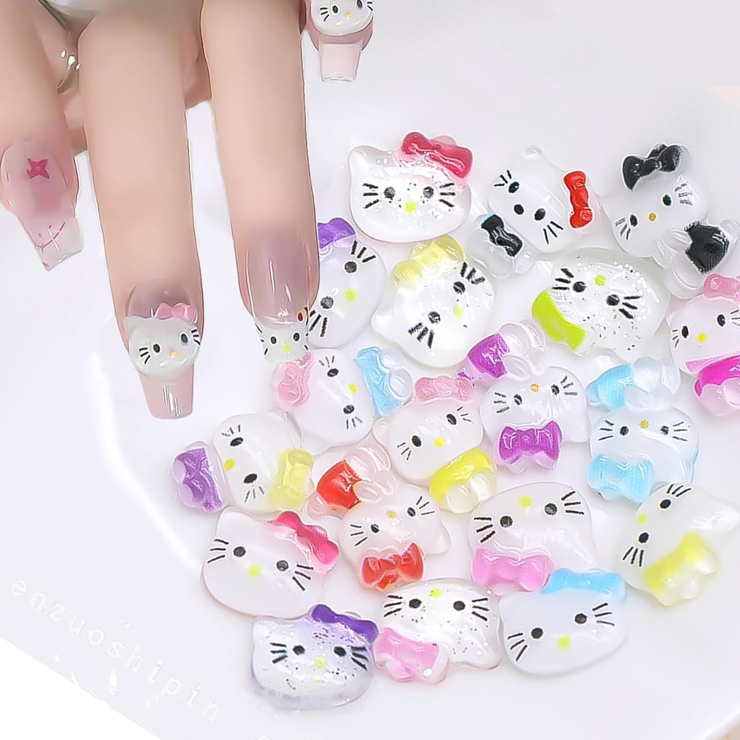 3D nálepky na nehty pro kočky, třpytky na nehty, flitry, pryskyřicové nálepky na nehty, drahokamy na nehty, diamanty pro nail art, včetně voskové tyčinky s drahokamy (barevná kočka)