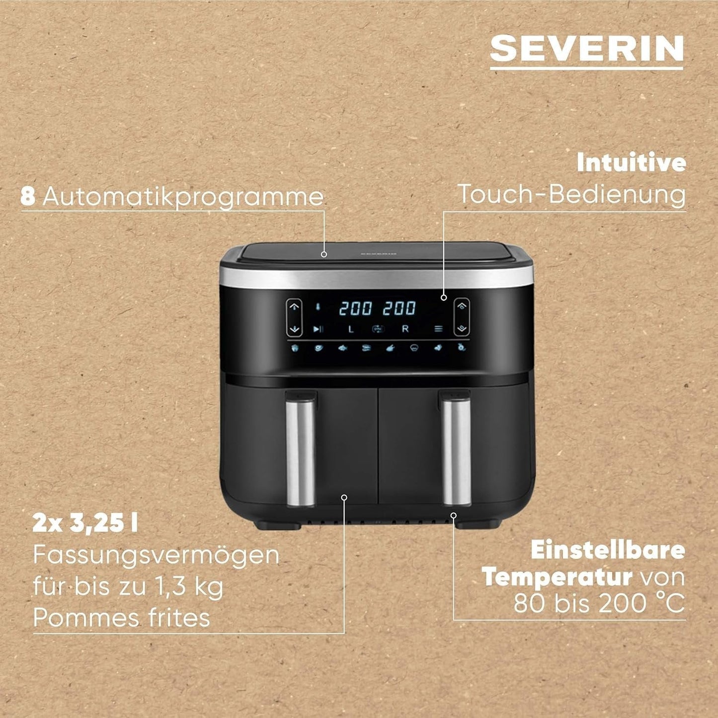 SEVERIN Dvojitá horkovzdušná fritéza s varnou komorou 2 X 3,8 l, 8 automatických programů Spotřebiče Naty Shop