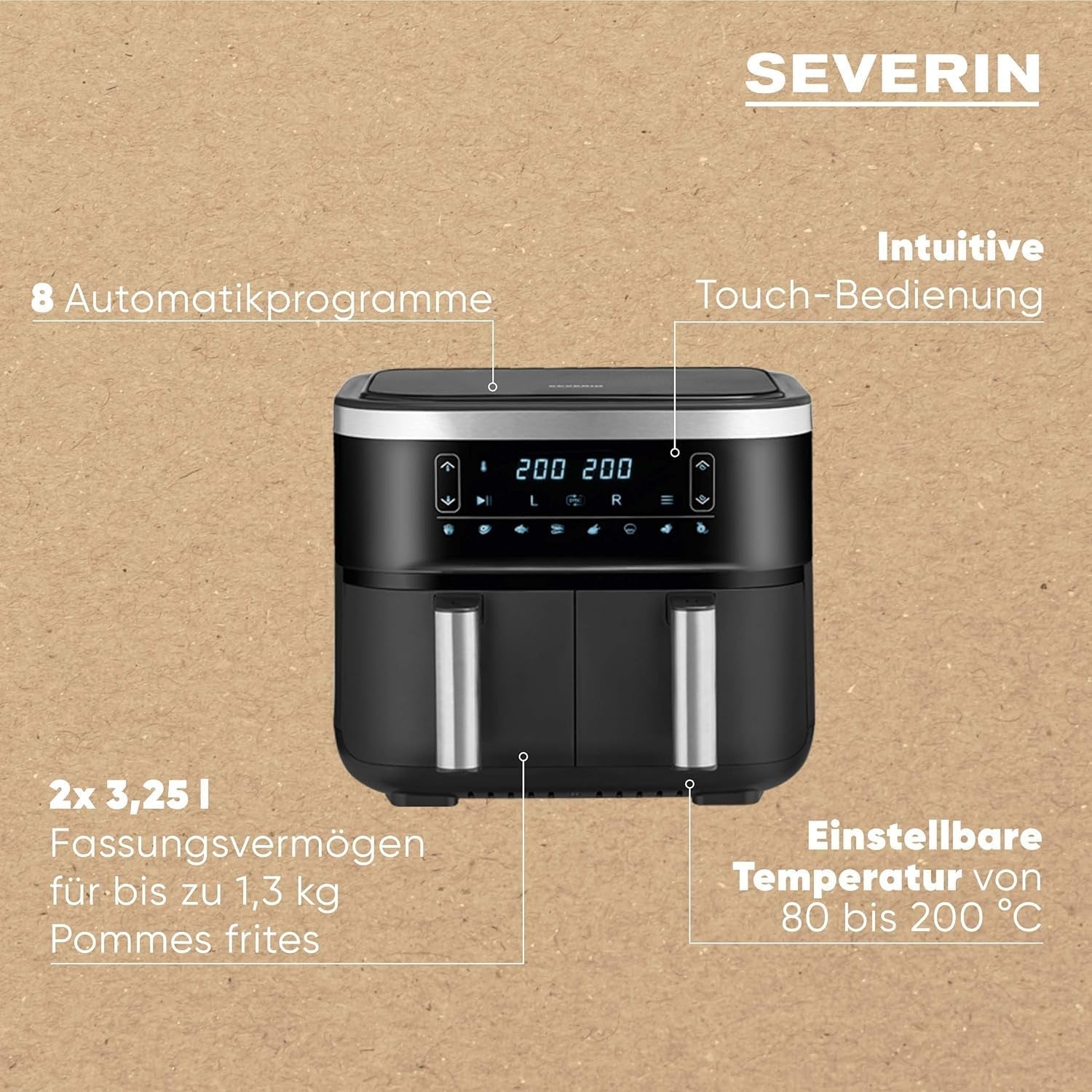 SEVERIN Dvojitá horkovzdušná fritéza s varnou komorou 2 X 3,8 l, 8 automatických programů Spotřebiče Naty Shop