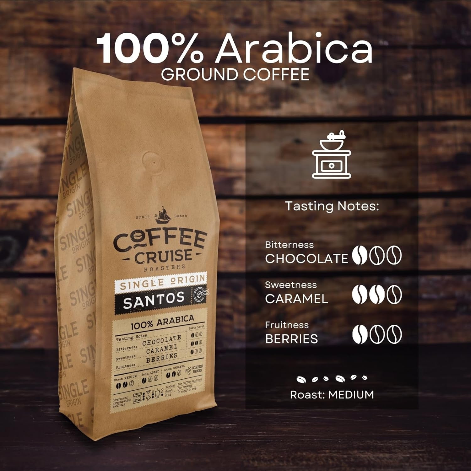 COFFEE CRUISE Santos Kaffeebohnen 1kg - Mittlere Röstung - Aroma Caramel - Für All Kaffeemaschinen - 100% Arabic