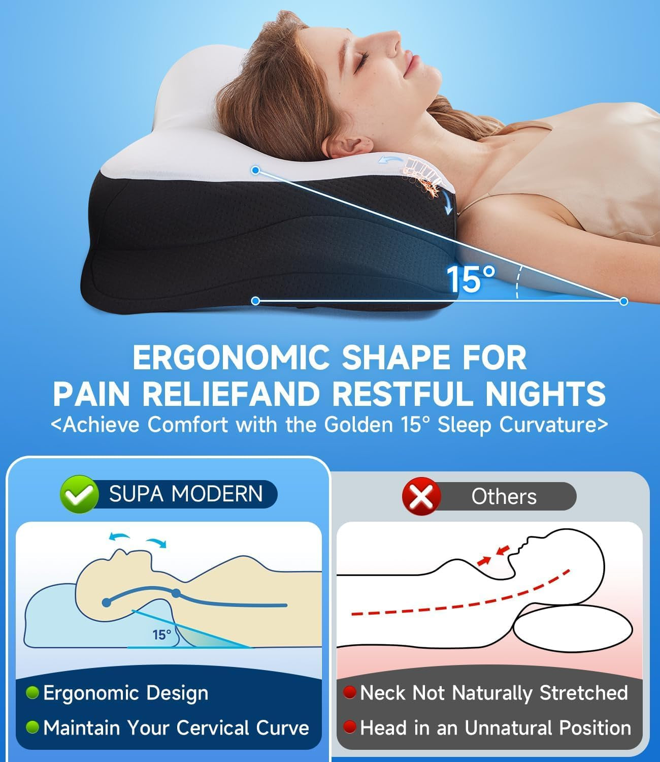 SUPA MODERN Memory Foam Polštář Boční Spací Chladivý Polštář 60X40 Ortopedický Zadní Strana Žaludek Krční Polštář Úleva od bolesti Krční Polštář Ortopedické Krční Polštáře Naty Shop