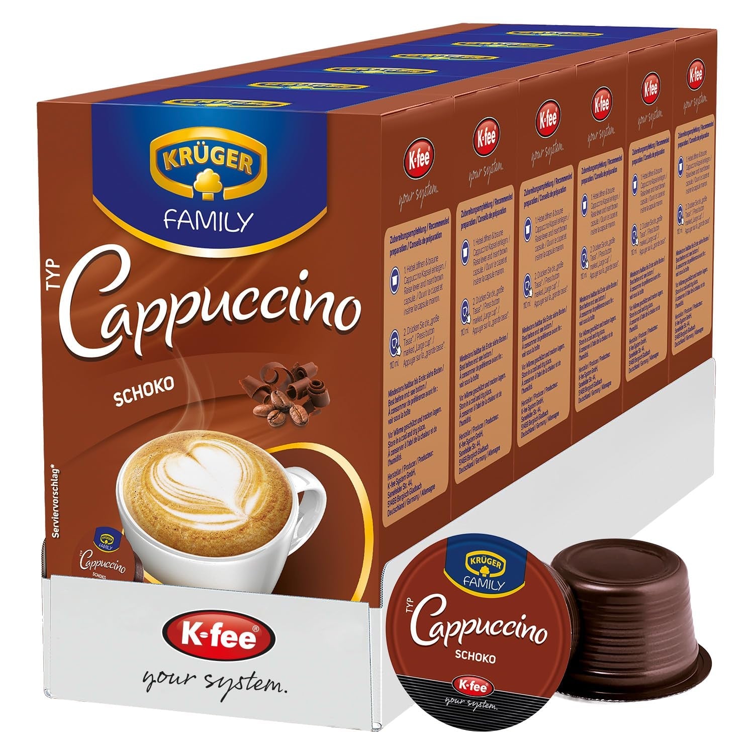 Kapsle KRÜGER Cappuccino Schoko Coffee, kompatibilní s K-fee a ALDI EXPRESSI* Kapselmaschinen, ochucená instantní káva, 96 kapslí