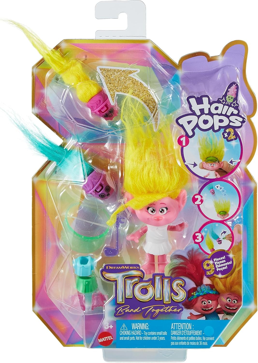 Mattel DREAMWORKS Trolls United We Stand - Panenka Viva s chlupatými překvapeními se zářivě žlutými plyšovými vlásky a 3 doplňky pro překvapení, pro děti od 3 let, HNF11