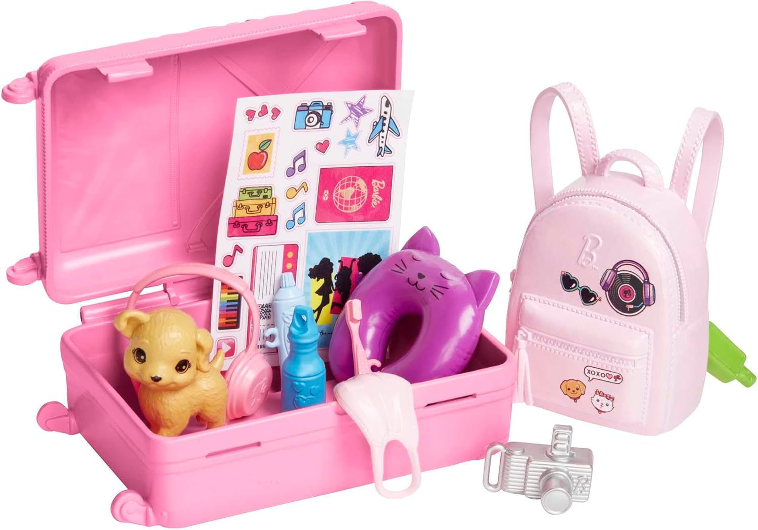 Panenka Barbie, Cestovní Barbie s blond vlasy, 10+ Cestovní doplňky, Nálepky, Kufr, Štěně, Obsahuje 1 panenku, Dárek pro děti, Hračka od 3 let, HJY18