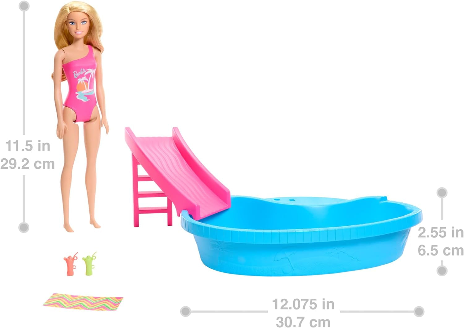 Panenka Barbie a doplňky - bazén se skluzavkou a doplňky pro hodiny zábavy na slunci, růžové plavky s tropickým designem, pro děti od 3 let, HRJ74