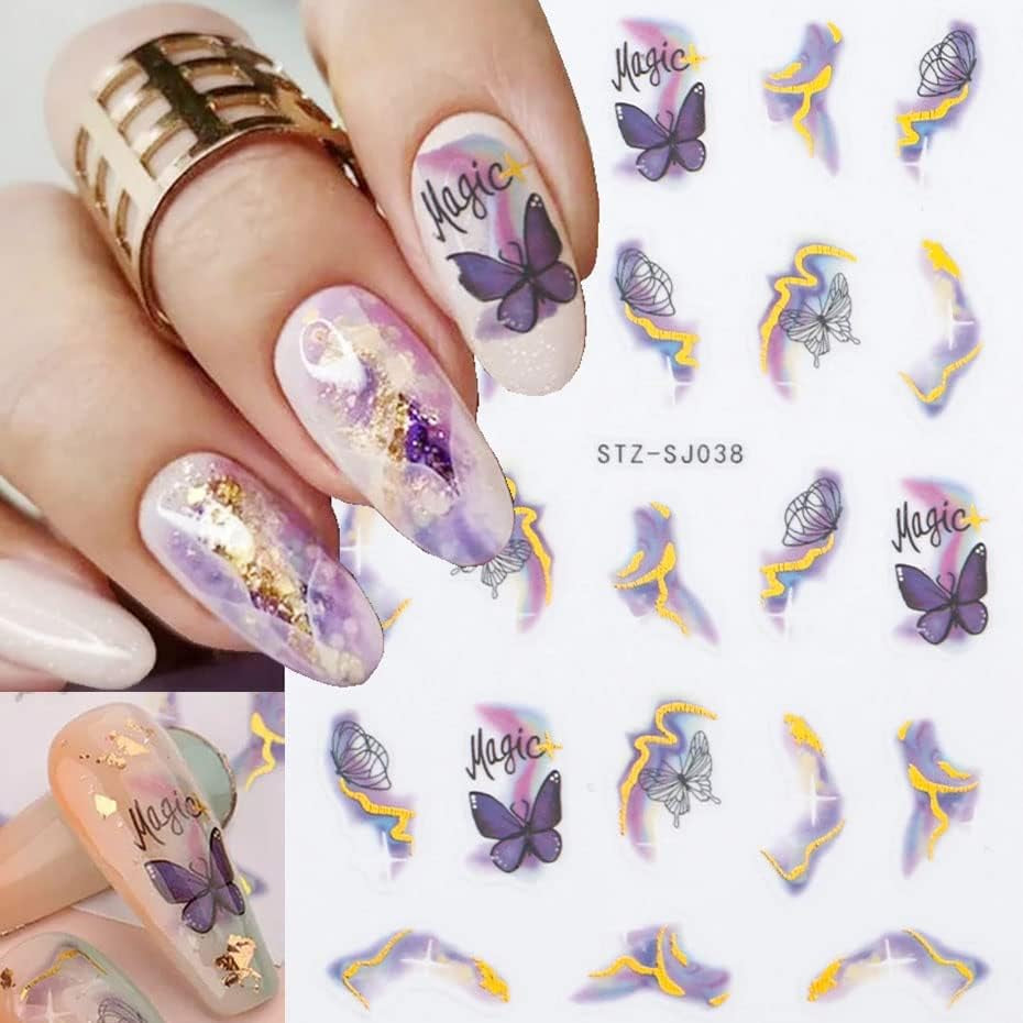 6 Blatt 3D Lila Schmetterling Samolepky na nehty Selbtklebend Nagelaufkleber Schmetterlinge Samolepky na nehty Bunte Blühen Marmor Nagel Stickers Regenbogen Welle Linien Nail Art Aufkleber Nageldesign Zubehör