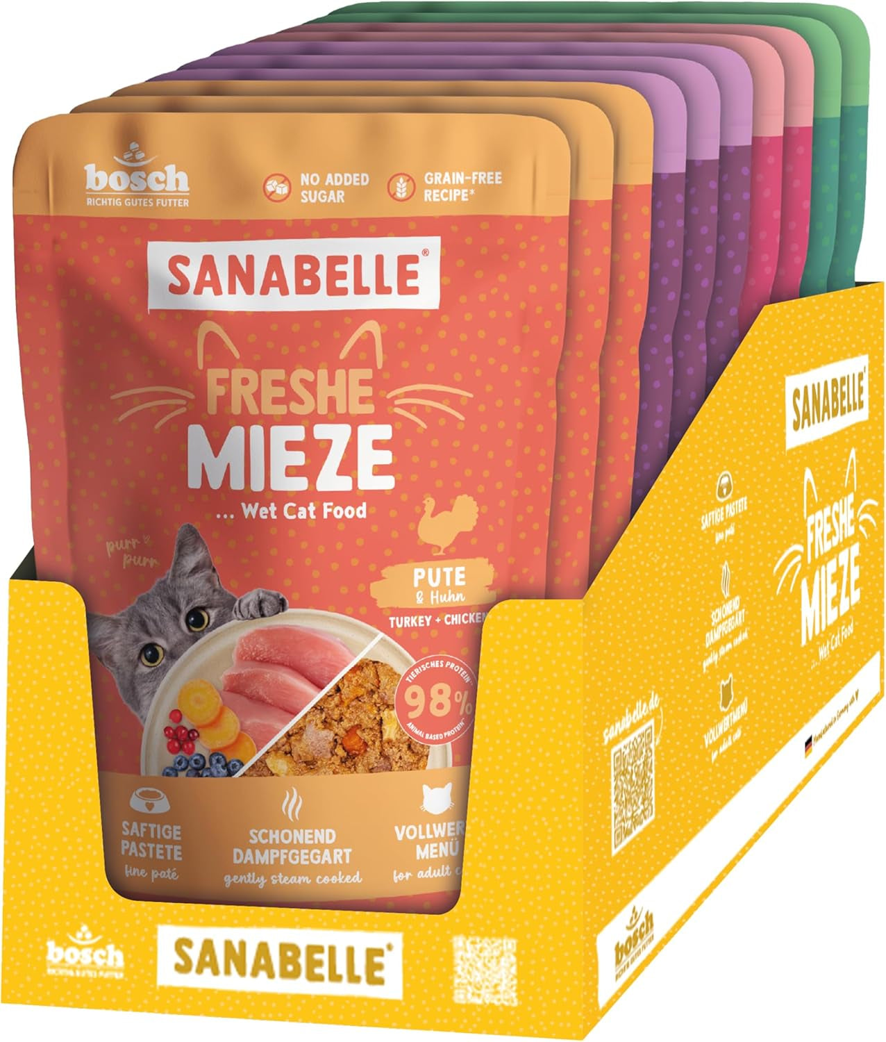 Sanabelle Freshe Mieze - Mixtray | 10 x 100g Mixpack | 4 lahodné druhy krmiva pro kočky k vyzkoušení | Mokré krmivo pro kočky v páře, stejně jako čerstvě uvařené