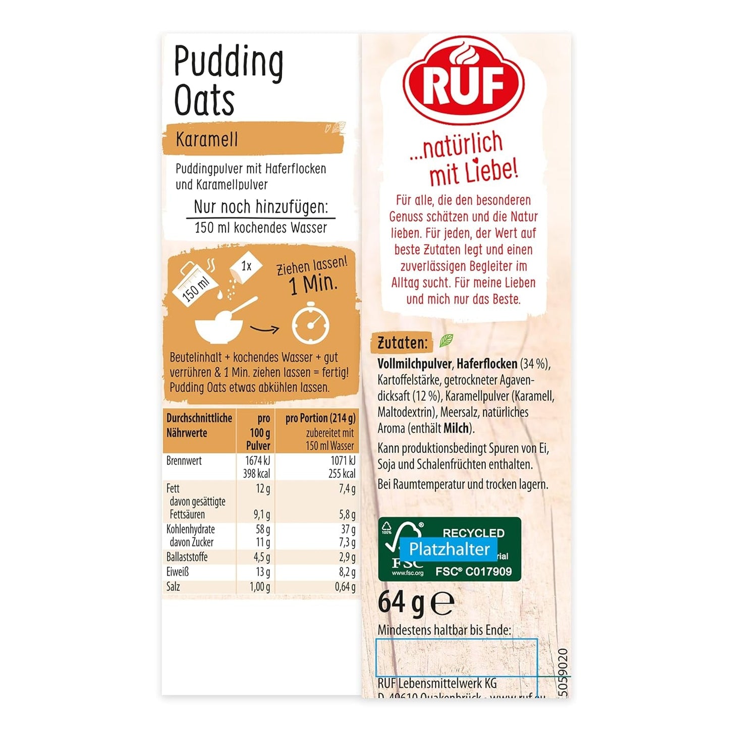 Caramel Oat Pudding, harmonická směs karamelového pudinku a celozrnných ovesných vloček, bez cukru, slazený agávovým sirupem, 1 sáček x 64g (4 balení)