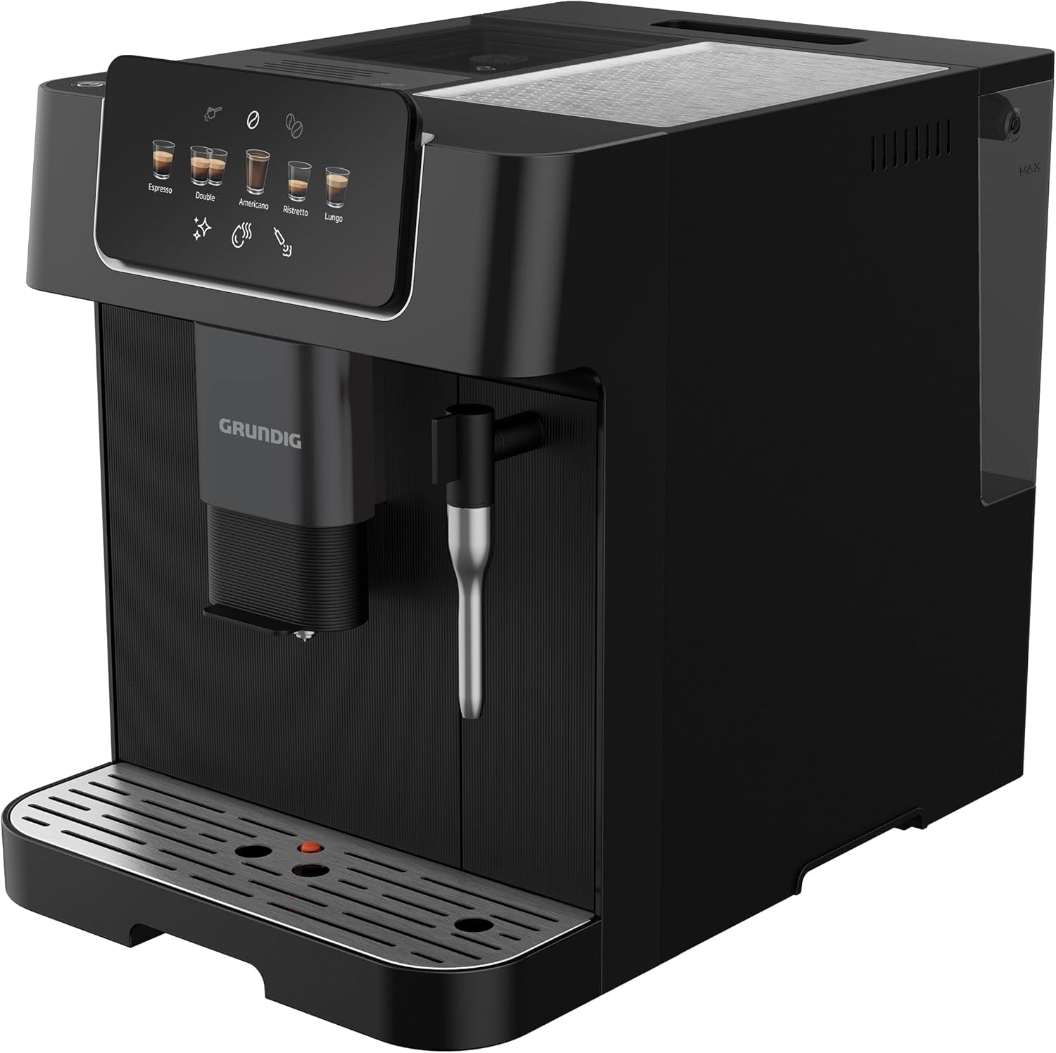 Plně automatický espresso kávovar GRUNDIG KVA 6230 s napěňovačem mléka, nerezový mlýnek s 13 nastaveními mletí, nádoba na kávová zrna 250 g, vyjímatelná nádrž na vodu 2 litry, tlak čerpadla 19 bar, dotykový displej, černá